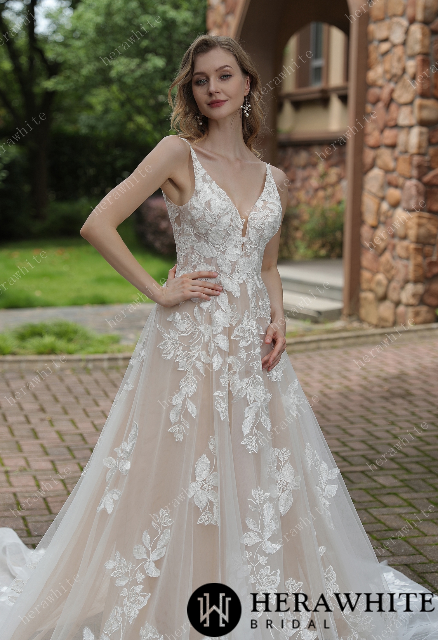 Luxurious Floral Lace  A-Line Sheer Train Wedding Dress
