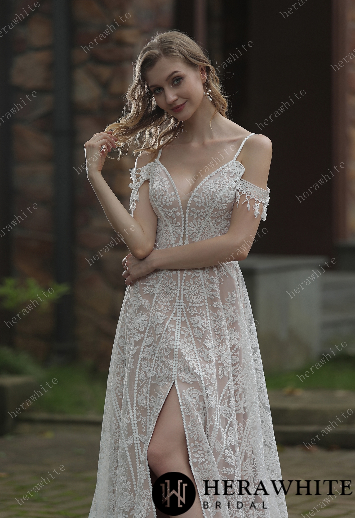 Beach Bohemian Lace Plunging V-Neckline Wedding Dress