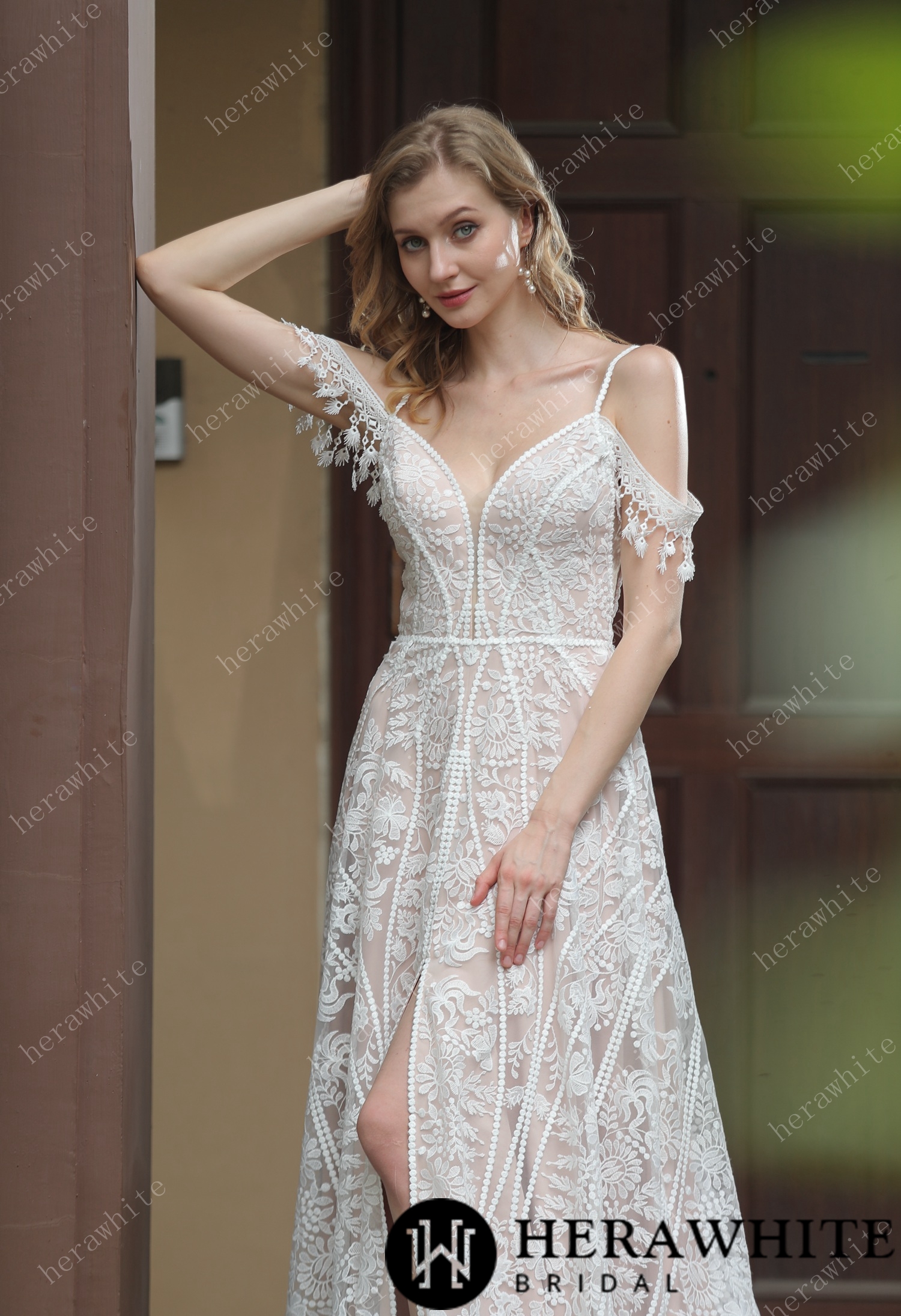 Beach Bohemian Lace Plunging V-Neckline Wedding Dress