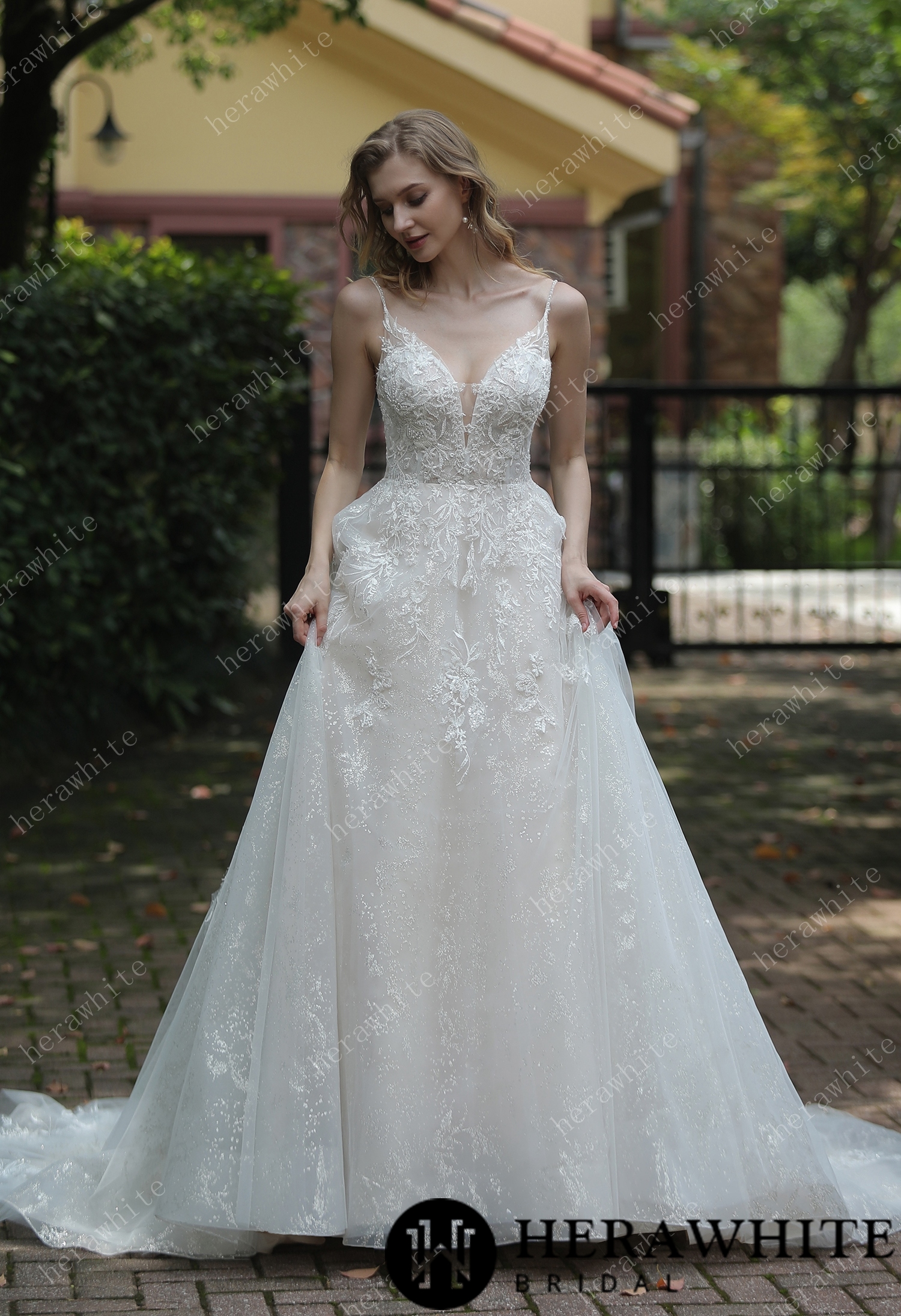 Sparkly A-Line Beaded Spaghetti Straps Wedding Dress