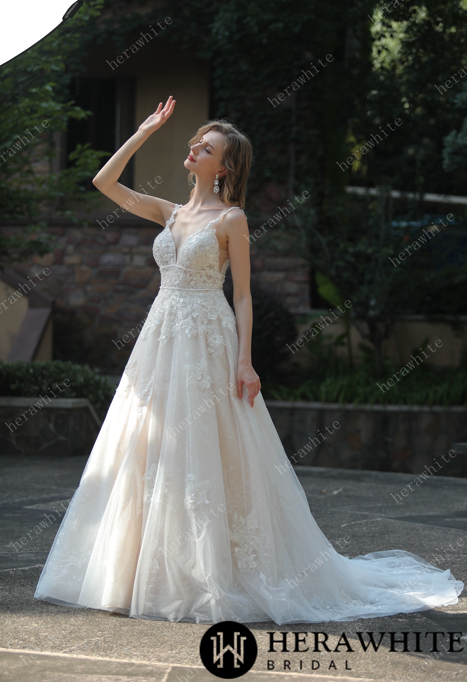 Plunging Sweetheart Beaded Double Band Wedding Dress