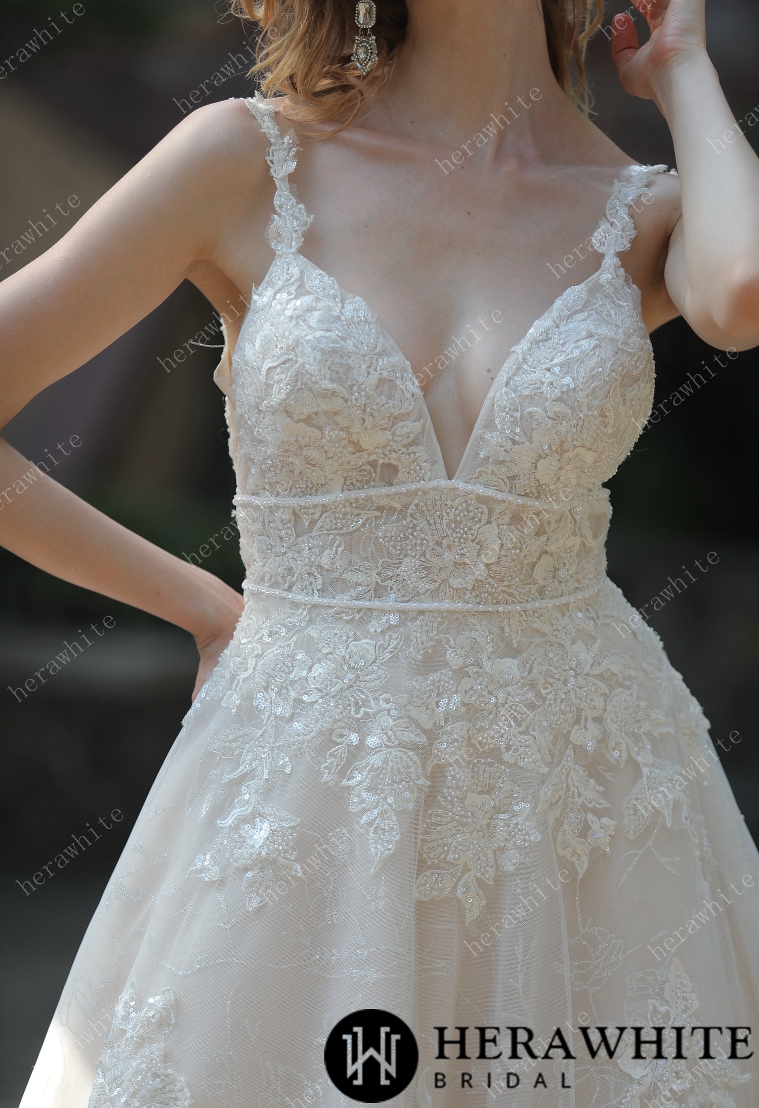 Plunging Sweetheart Beaded Double Band Wedding Dress