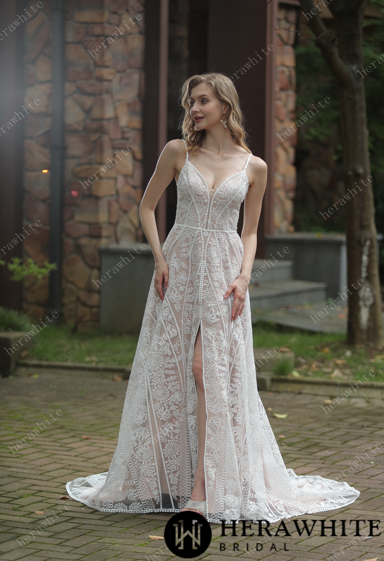Beach Bohemian Lace Plunging V-Neckline Wedding Dress