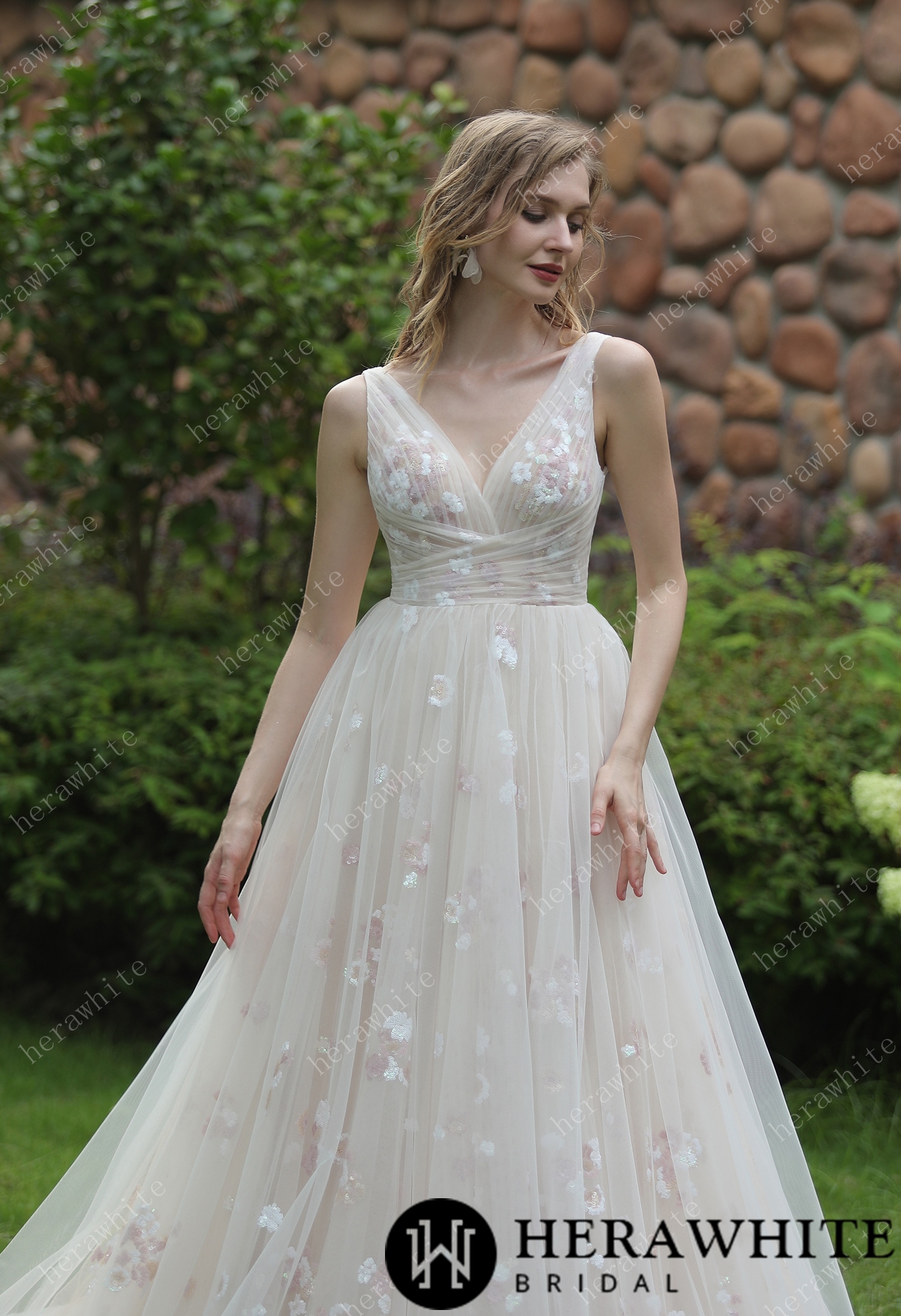 Whimsical Sequined Lace Tulle Gathered Bodice Wedding Dress