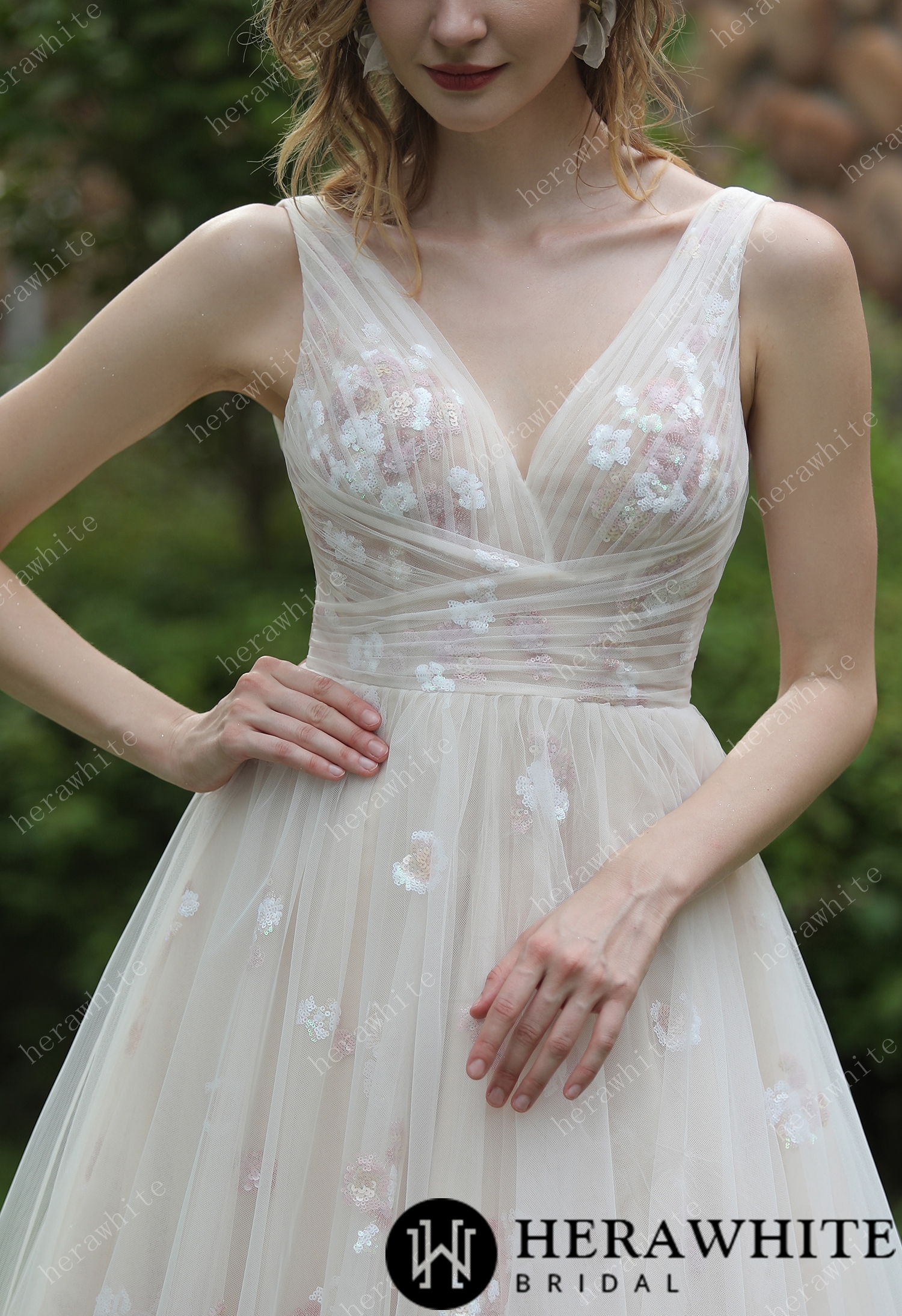 Whimsical Sequined Lace Tulle Gathered Bodice Wedding Dress