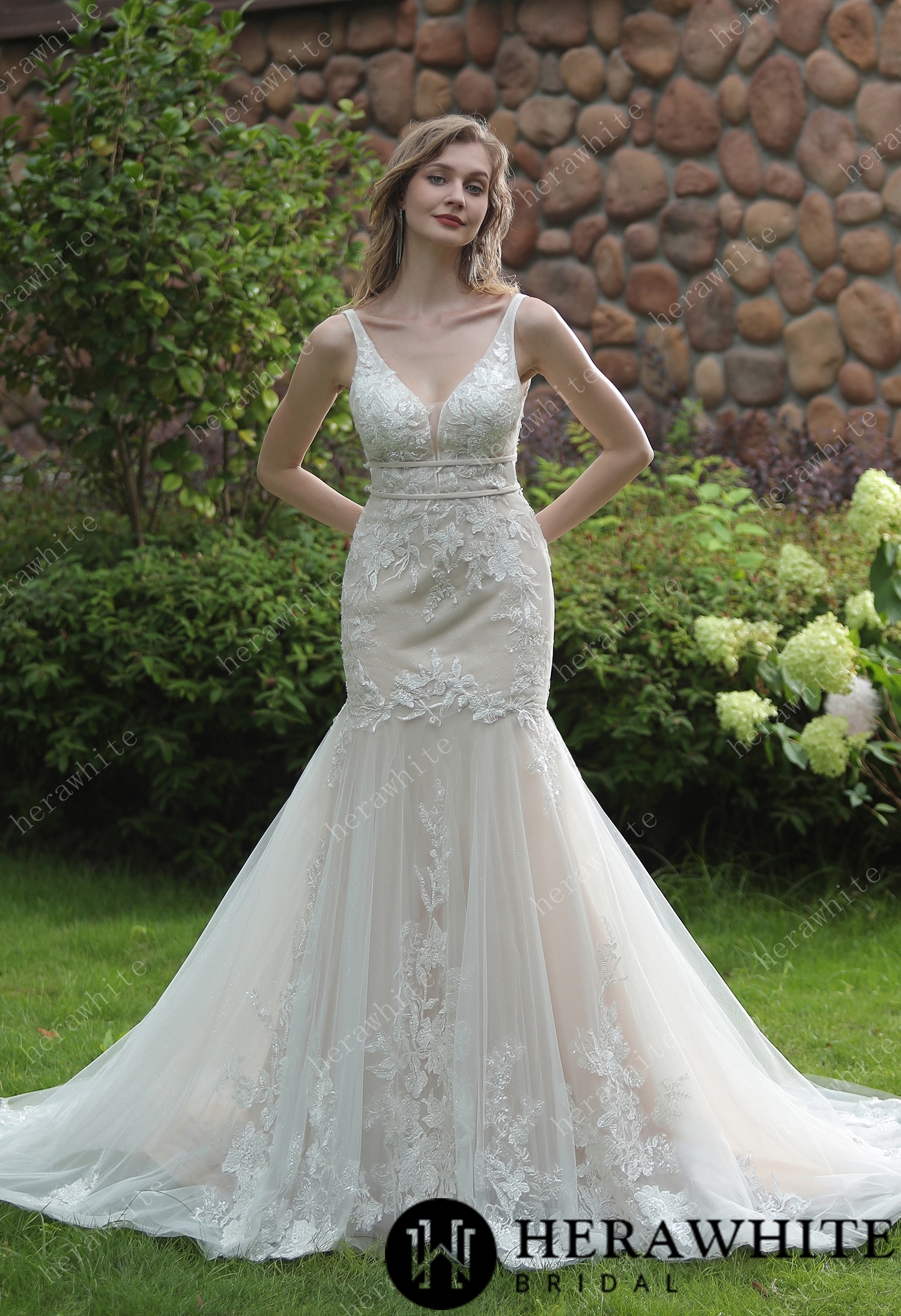 Plunging Sweetheart Beaded Mermaid Gown With Double Band