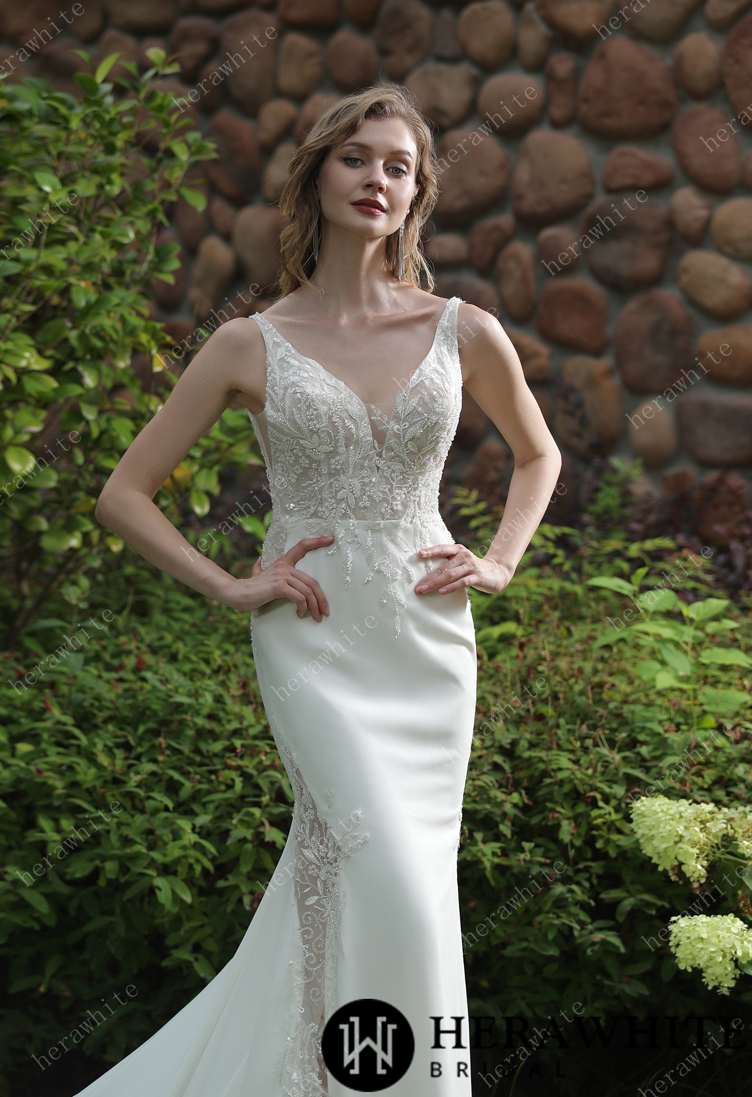 Beaded Fit And Flare V Neckline Crepe Wedding Dress