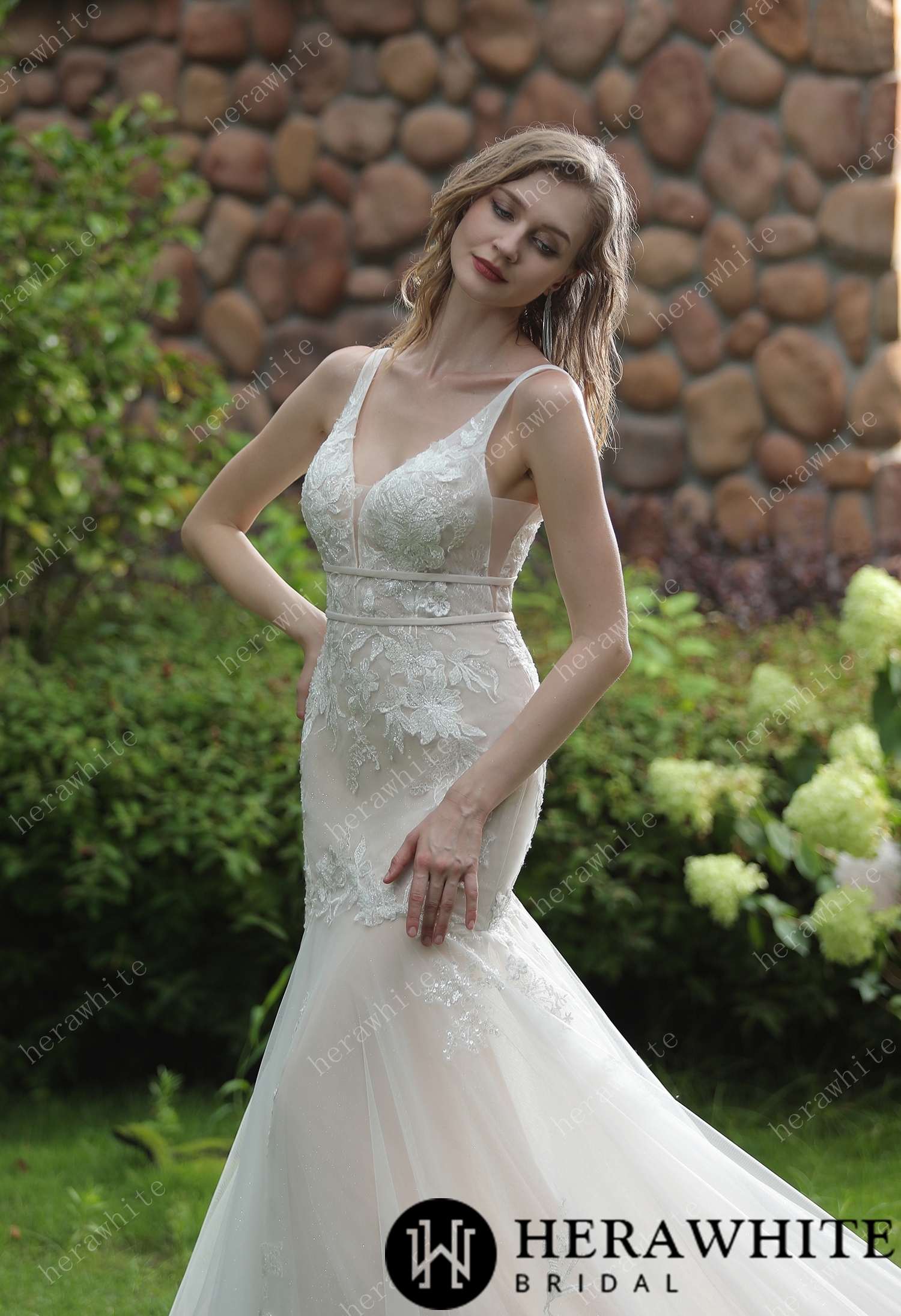 Plunging Sweetheart Beaded Mermaid Double Band Wedding Dress