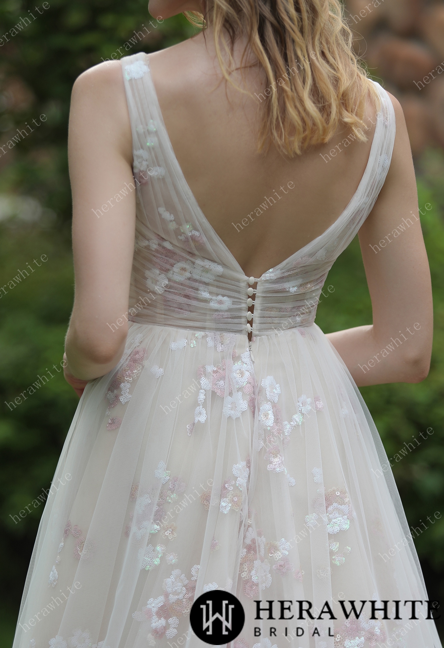 Whimsical Sequined Lace Tulle Gathered Bodice Wedding Dress