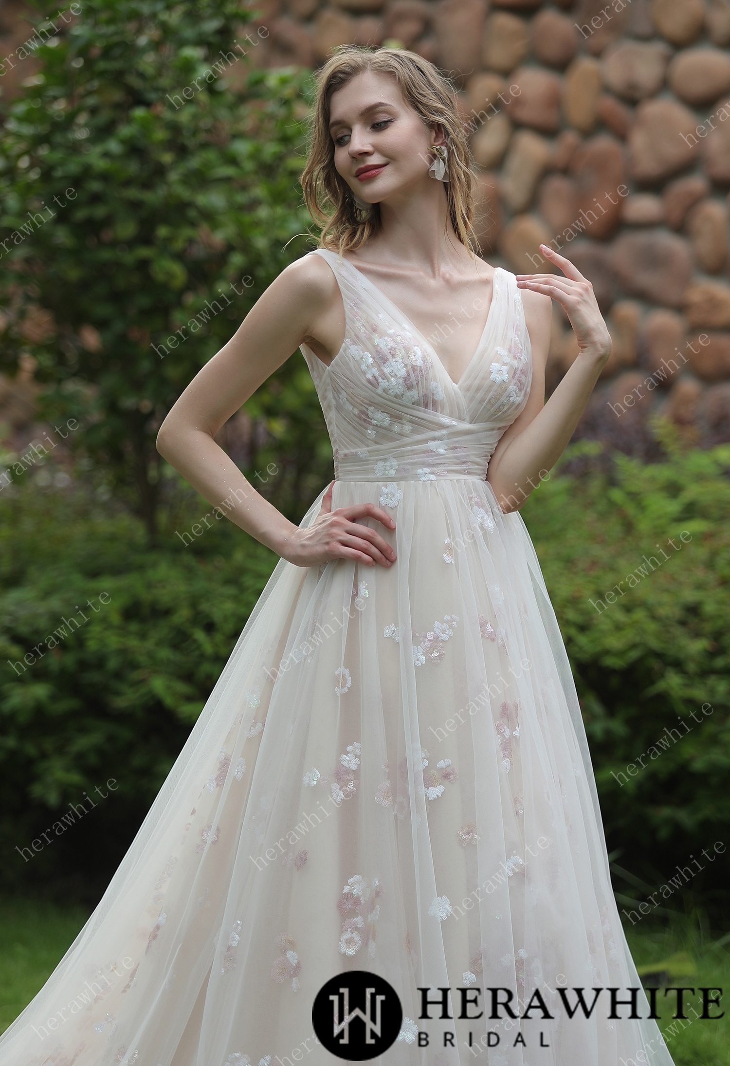 Whimsical Sequined Lace Tulle Gathered Bodice Wedding Dress