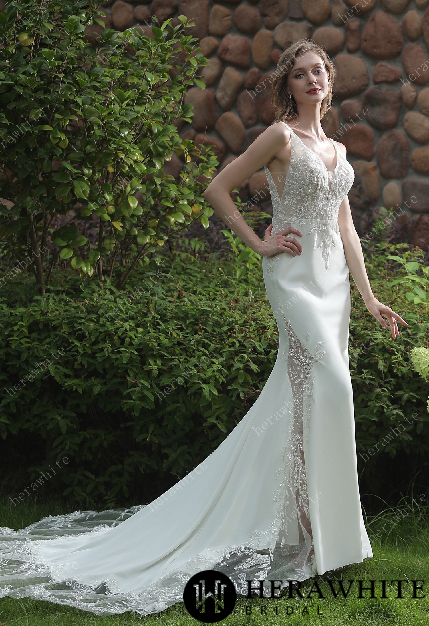 Beaded Fit And Flare V Neckline Crepe Wedding Dress