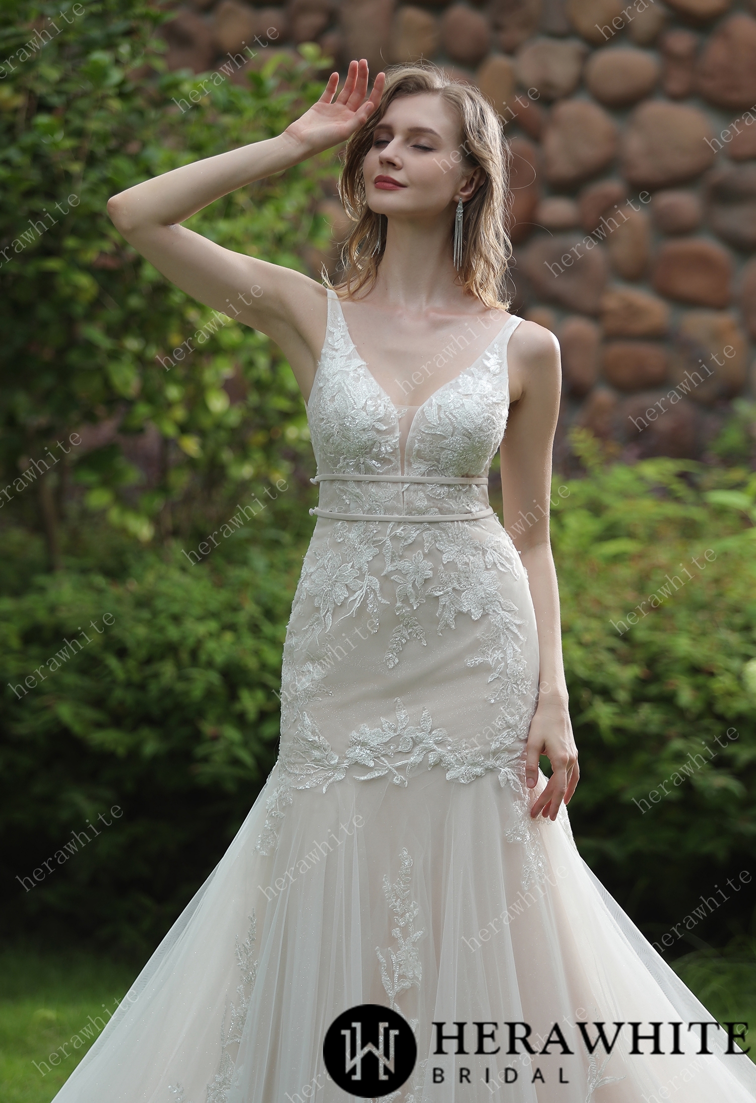 Plunging Sweetheart Beaded Mermaid Double Band Wedding Dress
