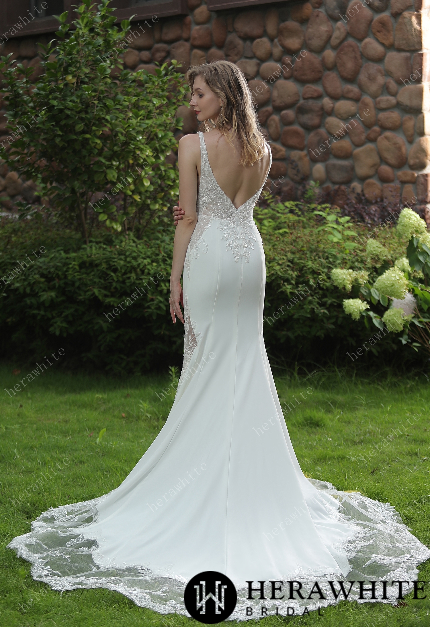 Beaded Fit And Flare V Neckline Crepe Wedding Dress