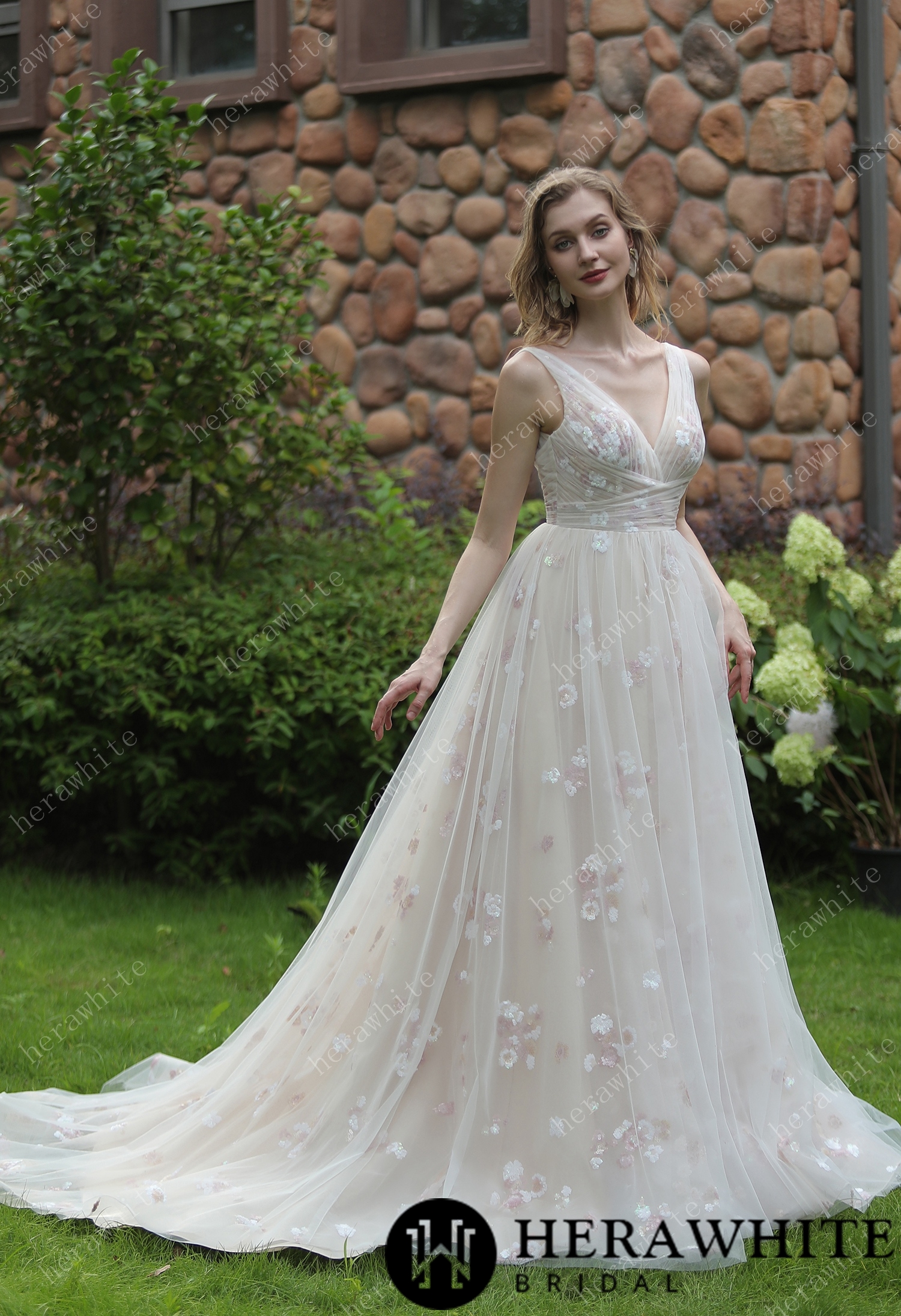 Whimsical Sequined Lace Tulle Gathered Bodice Wedding Dress