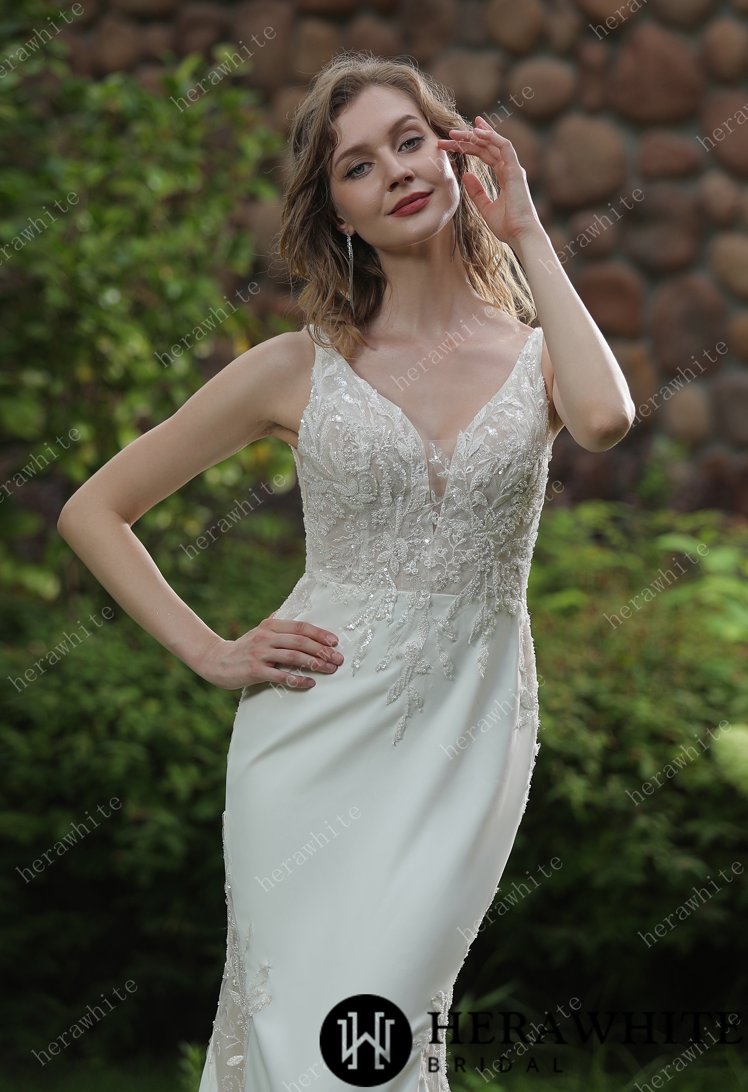 Beaded Fit And Flare V Neckline Crepe Wedding Dress