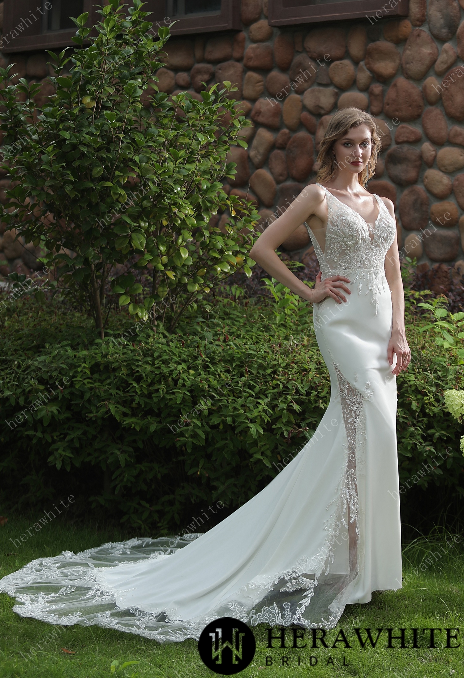 Beaded Fit And Flare V Neckline Crepe Wedding Dress