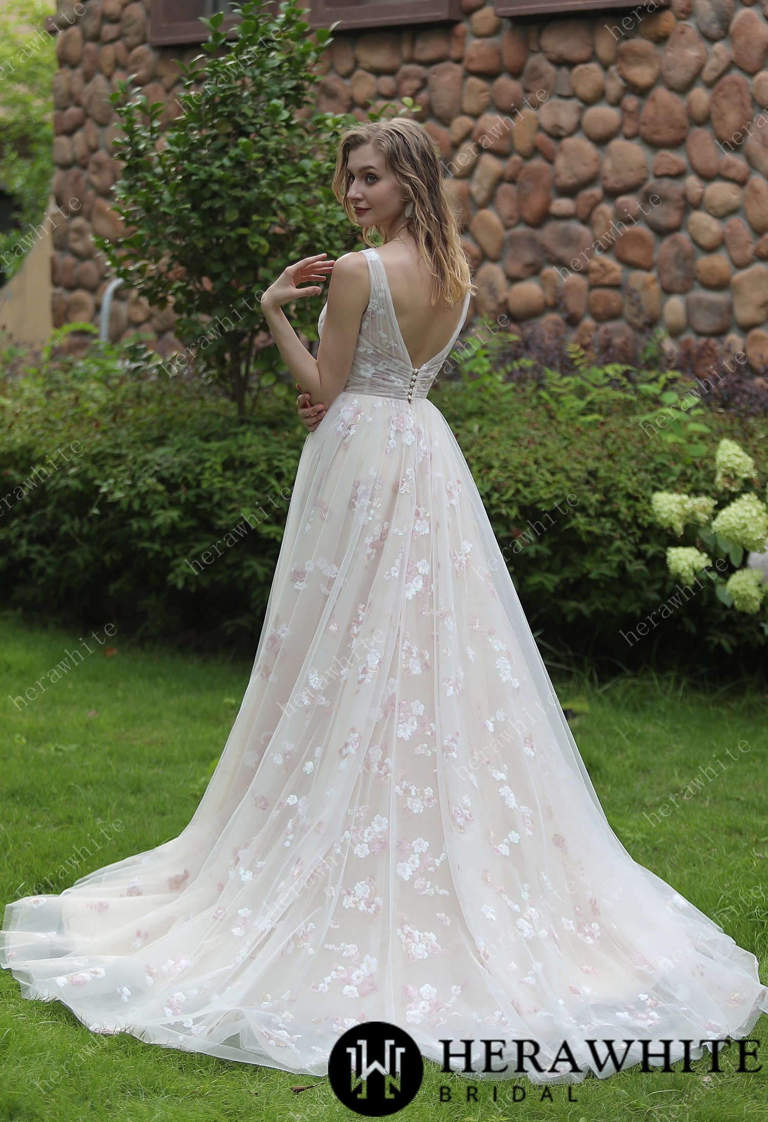 Whimsical Sequined Lace Tulle Gathered Bodice Wedding Dress