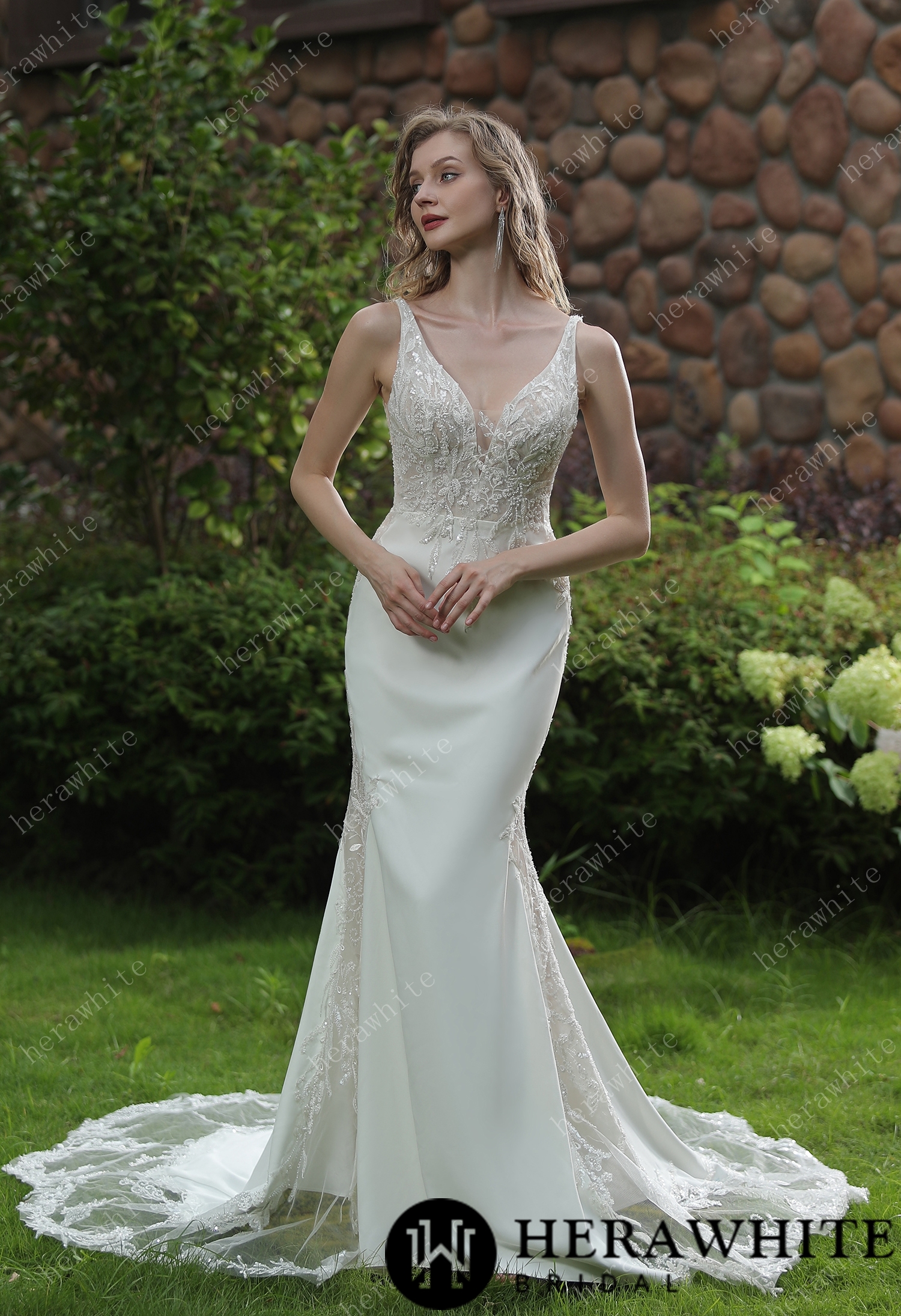 Beaded Fit And Flare V Neckline Crepe Wedding Dress