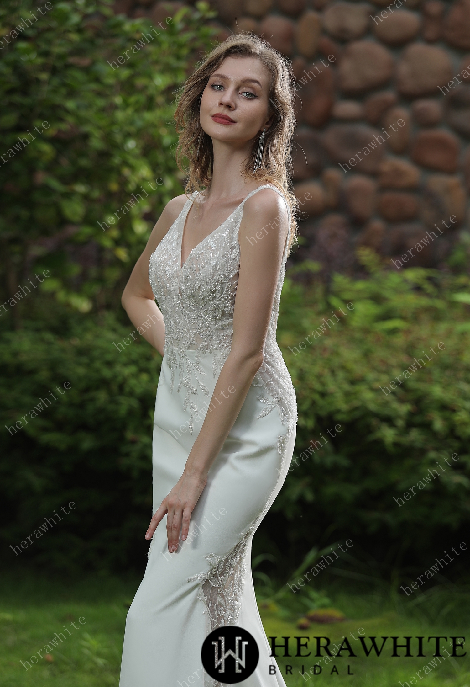 Beaded Fit And Flare V Neckline Crepe Wedding Dress