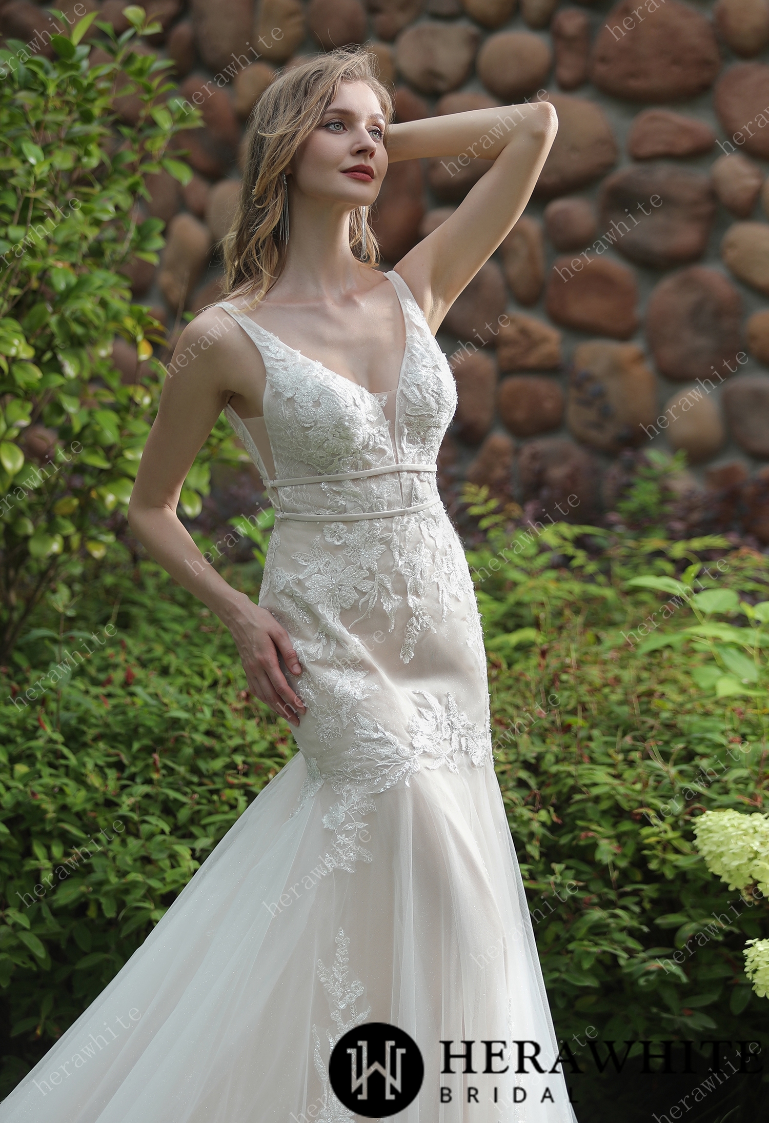 Plunging Sweetheart Beaded Mermaid Double Band Wedding Dress