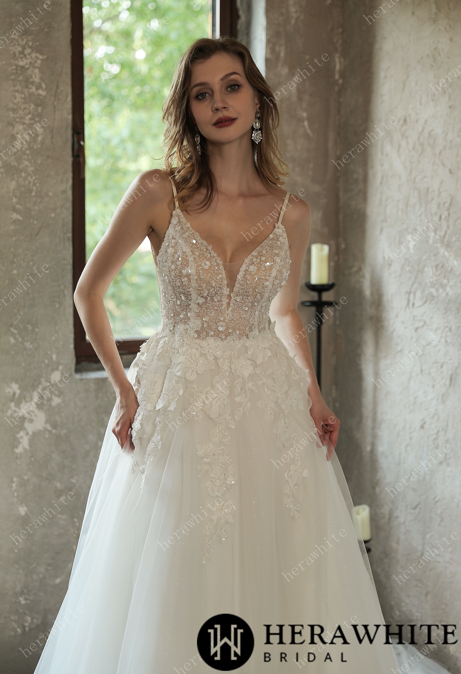Sparkly Sequined Floral Tulle Ballgown V-neck Wedding Dress