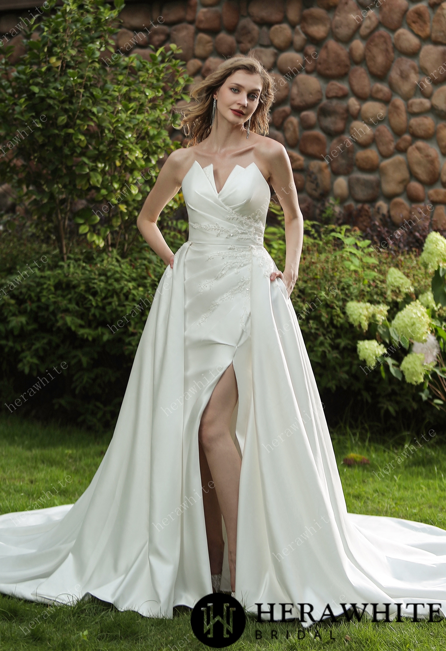 Strapless Silky Satin Wedding Dress With Overskirt