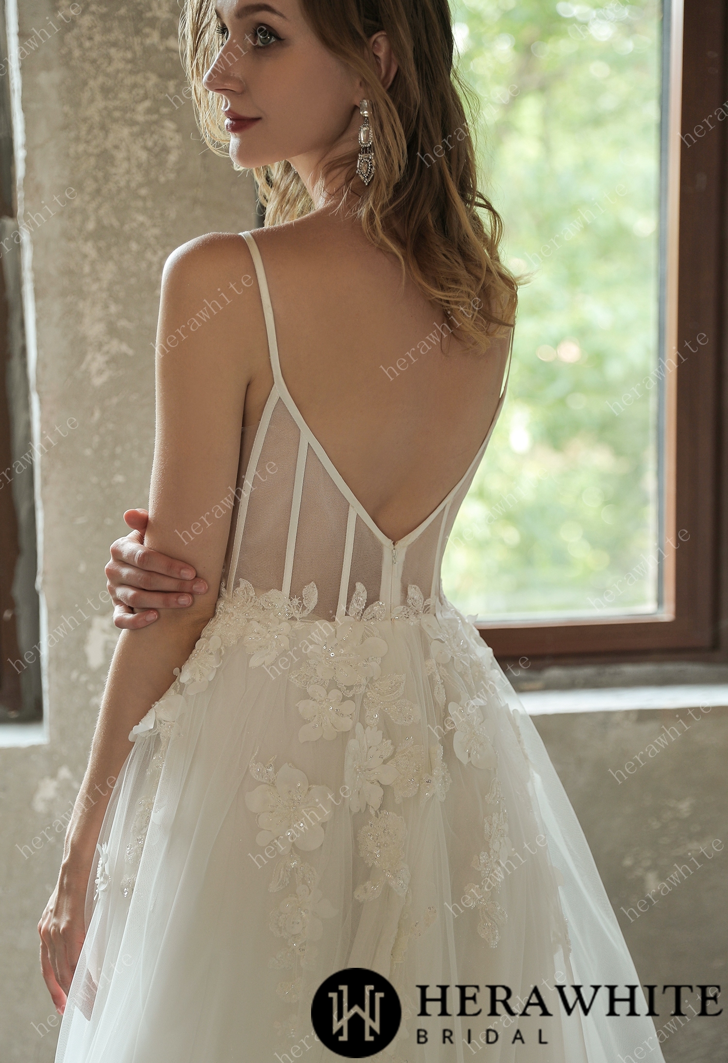 Sparkly Sequined Floral Tulle Ballgown V-neck Wedding Dress