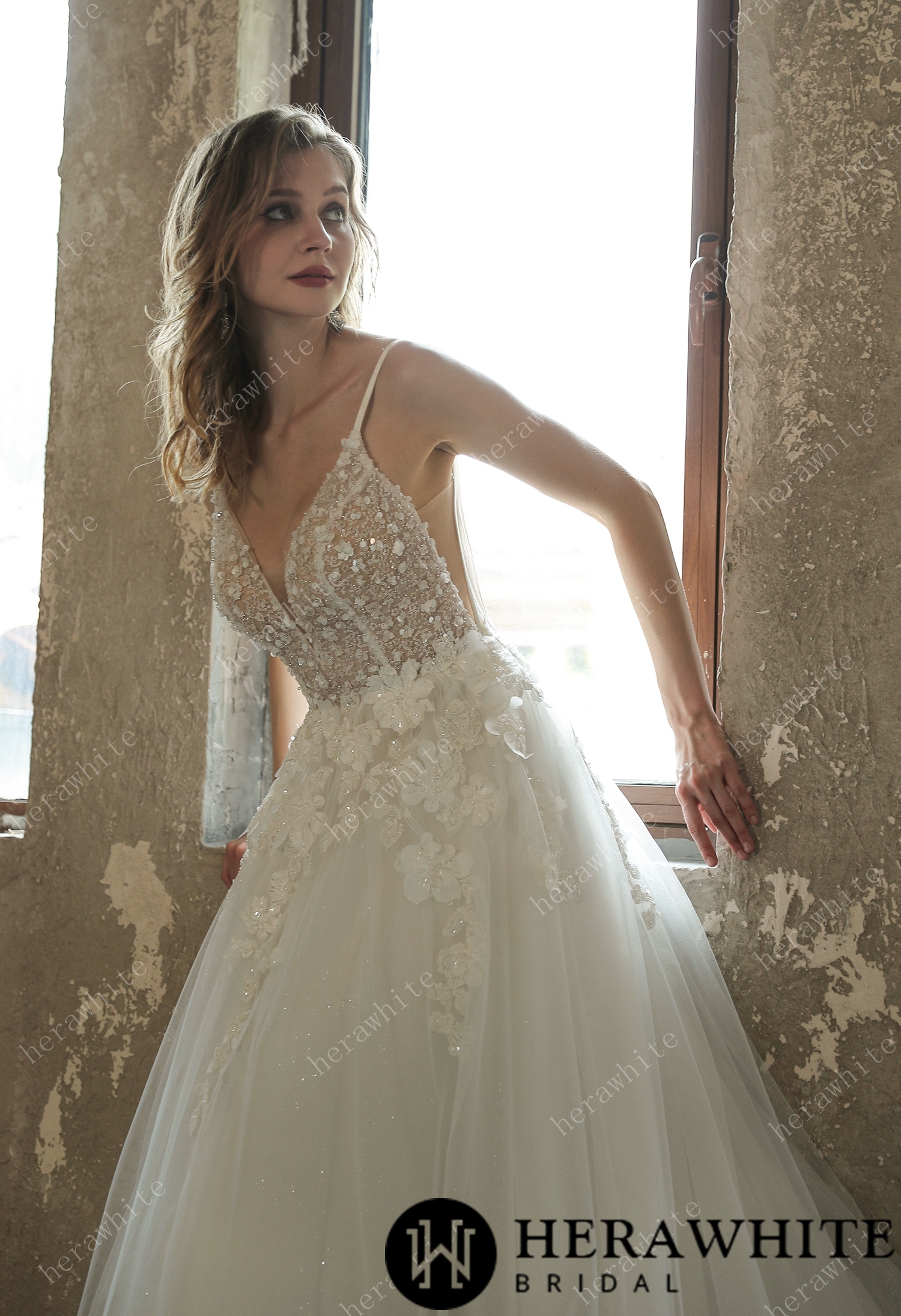 Sparkly Sequined Floral Tulle Ballgown V-neck Wedding Dress