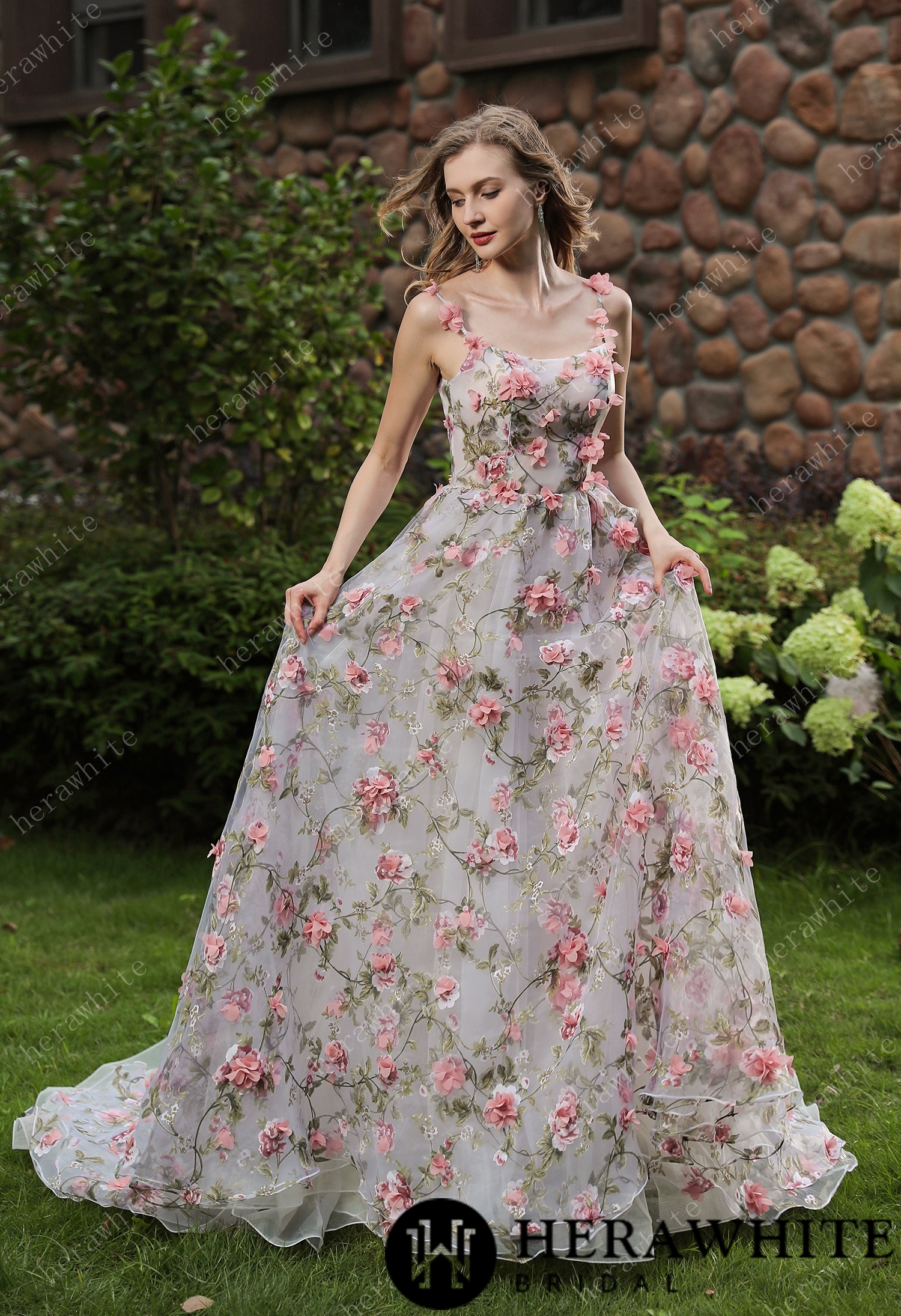 Romantic Square Neckline 3D Flowers Detachable Sleeves Wedding Dress