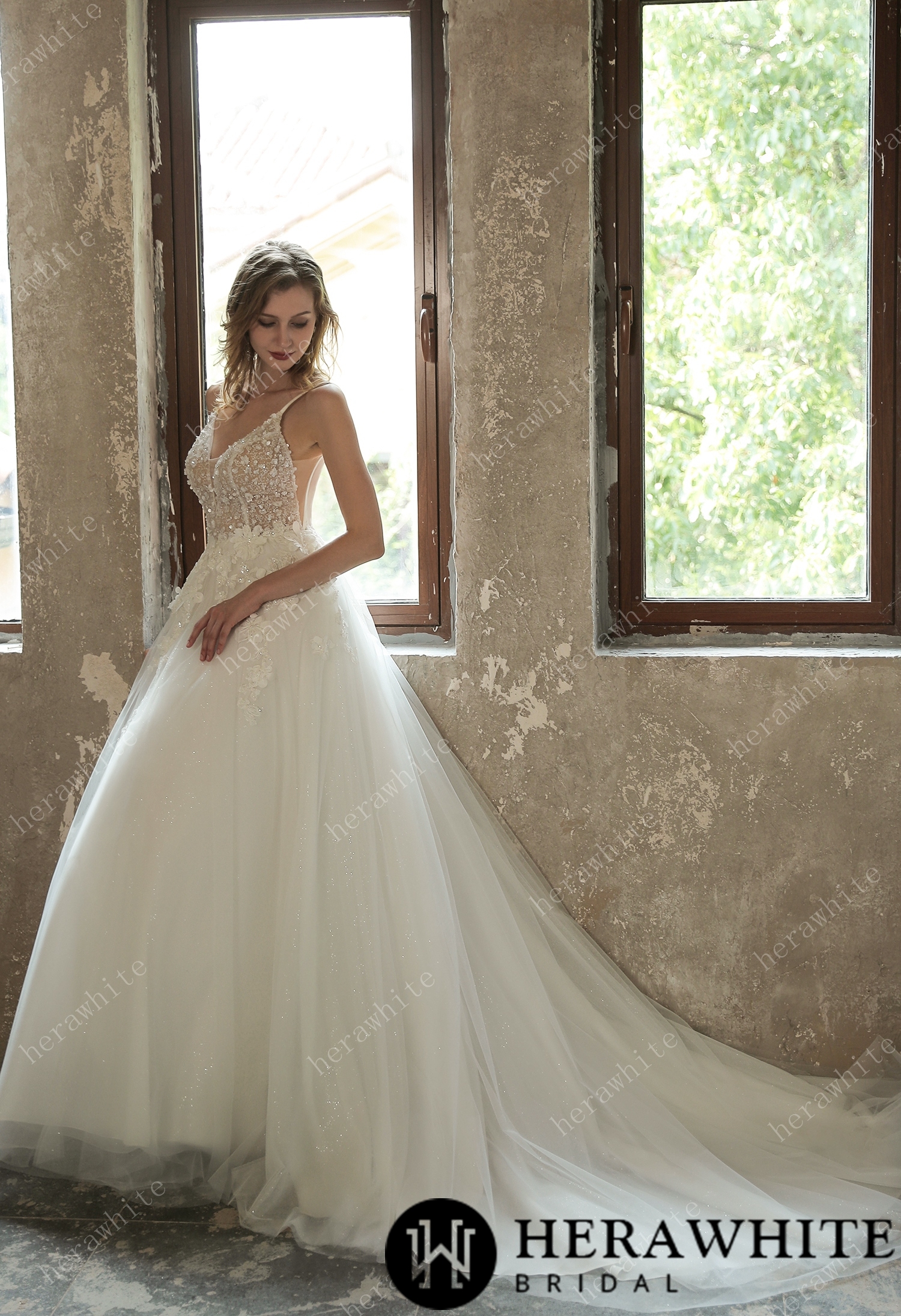 Sparkly Sequined Floral Tulle Ballgown V-neck Wedding Dress