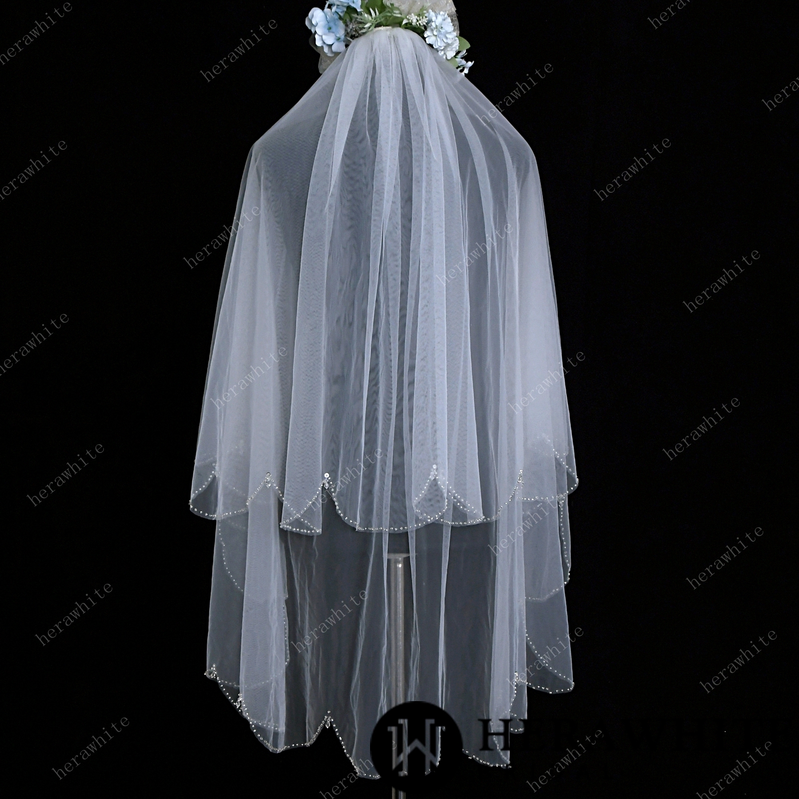 Beaded Two-tiered Fingertip Length Wholesale Wedding Veil