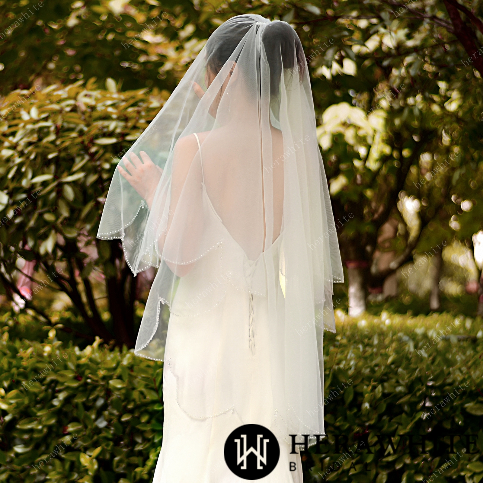 Beaded Two-tiered Fingertip Length Wholesale Wedding Veil