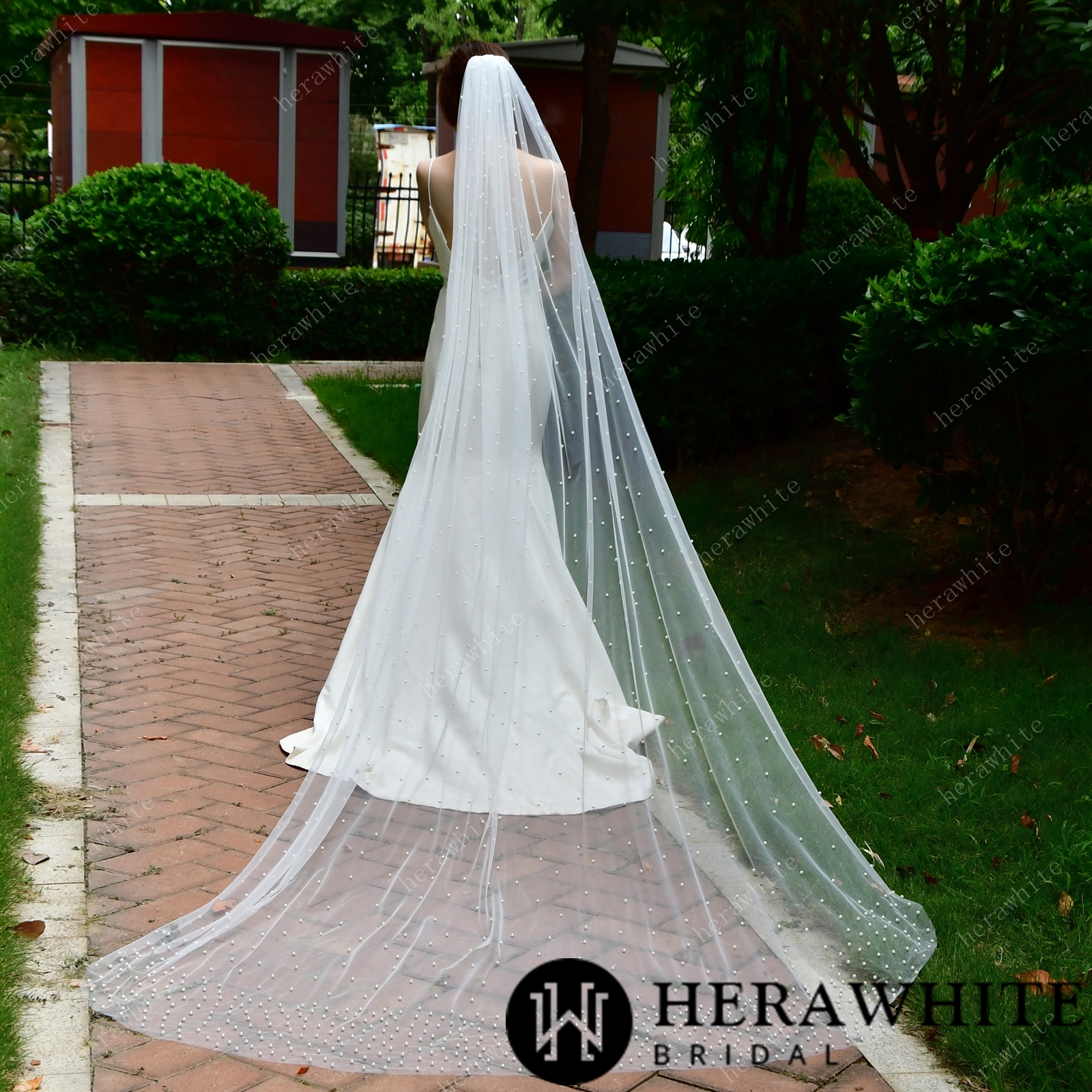 Waltz-Length Bridal Veil Scattered Pearls Wedding Veil