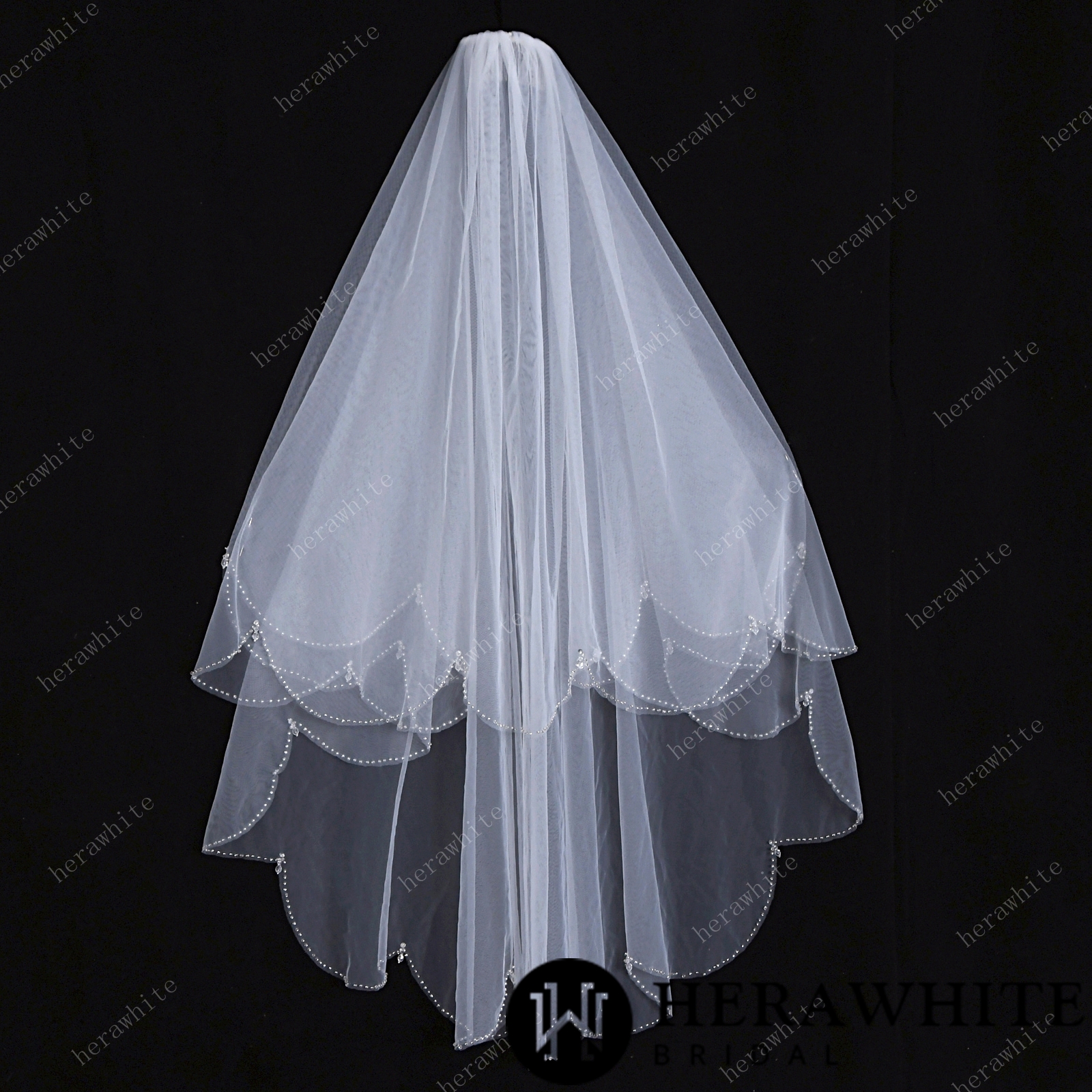 Beaded Two-tiered Fingertip Length Wholesale Wedding Veil