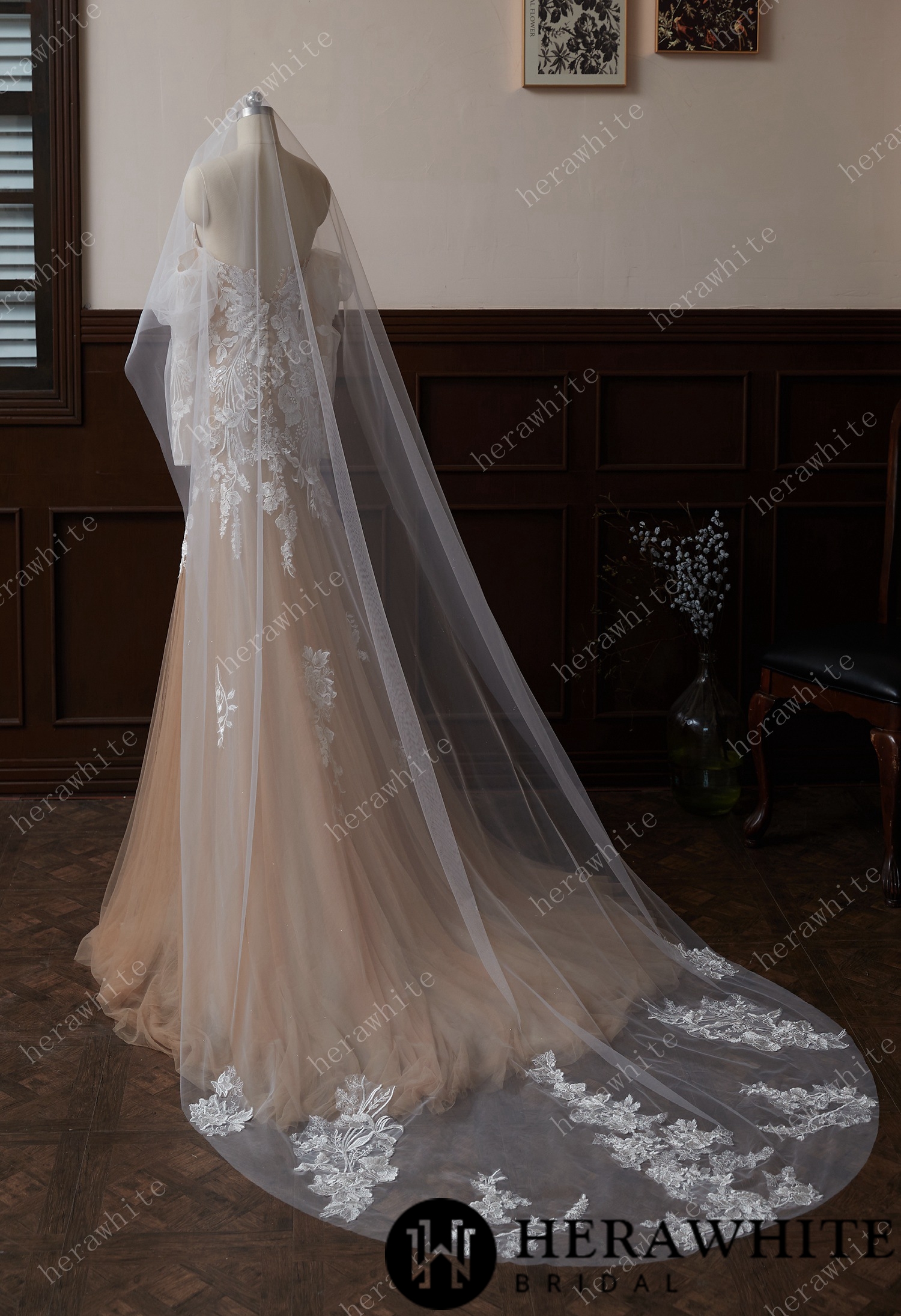 Cathedral-Length Whimsical Lace Bridal Veil With Vintage-Vibes