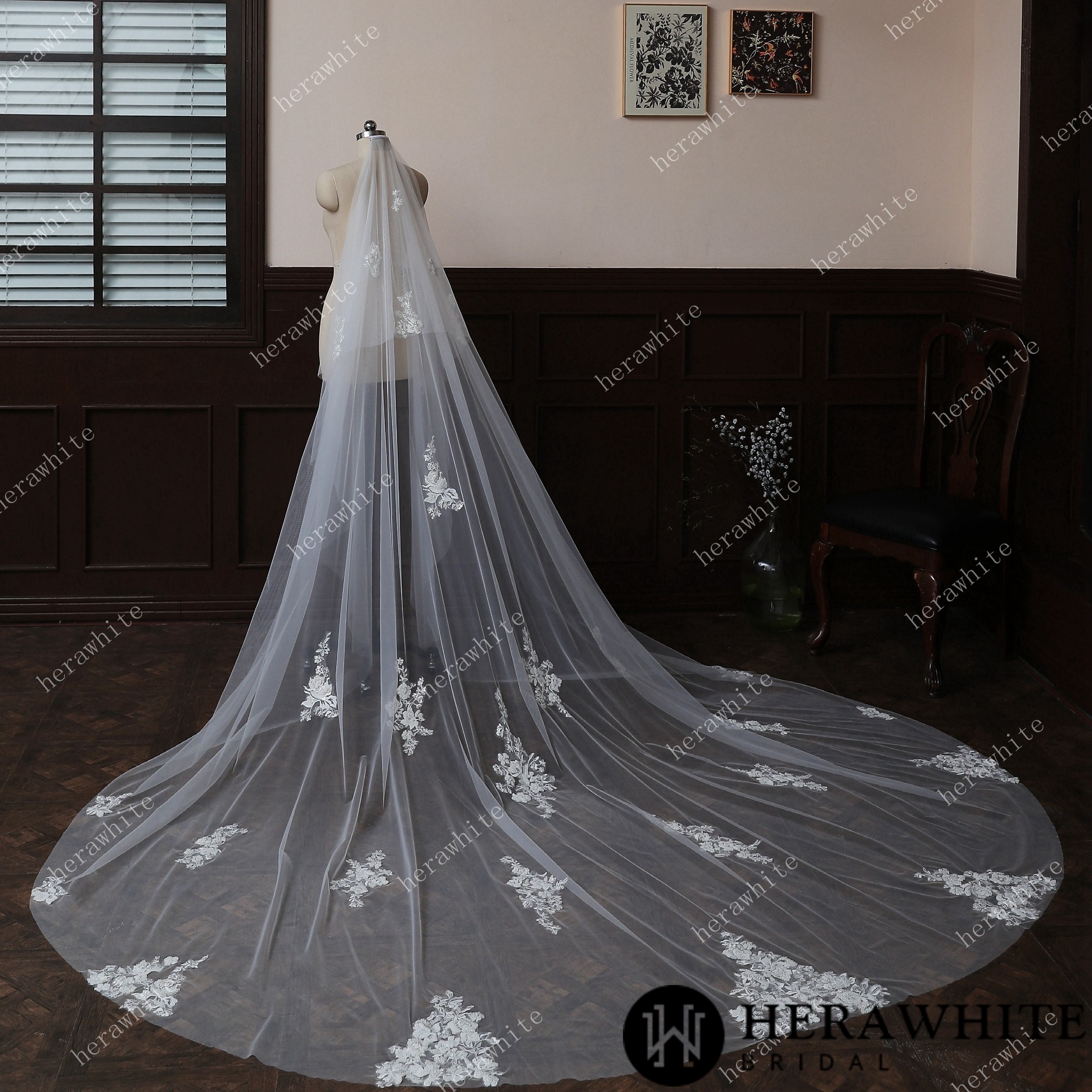 Waltz-Length Wedding Veil With Romantic Lace Motifs