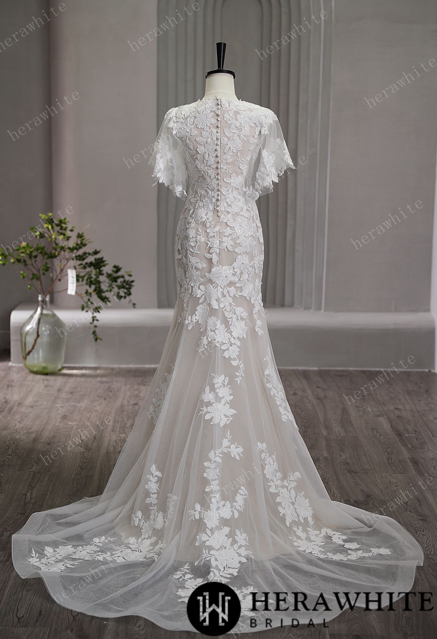 High Neck Floral Lace Bridal Gown with Flutter Sleeves