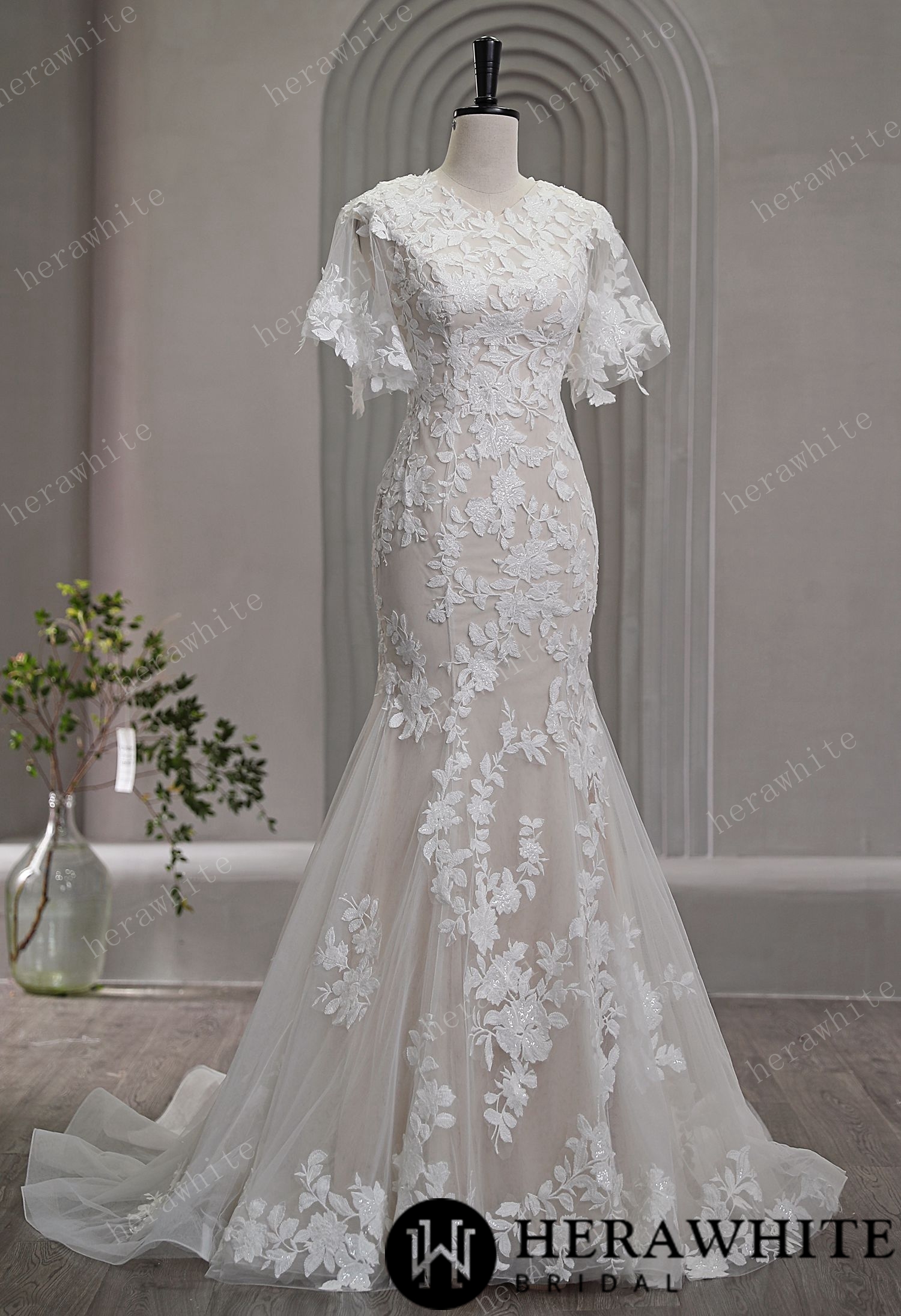High Neck Floral Lace Bridal Gown with Flutter Sleeves
