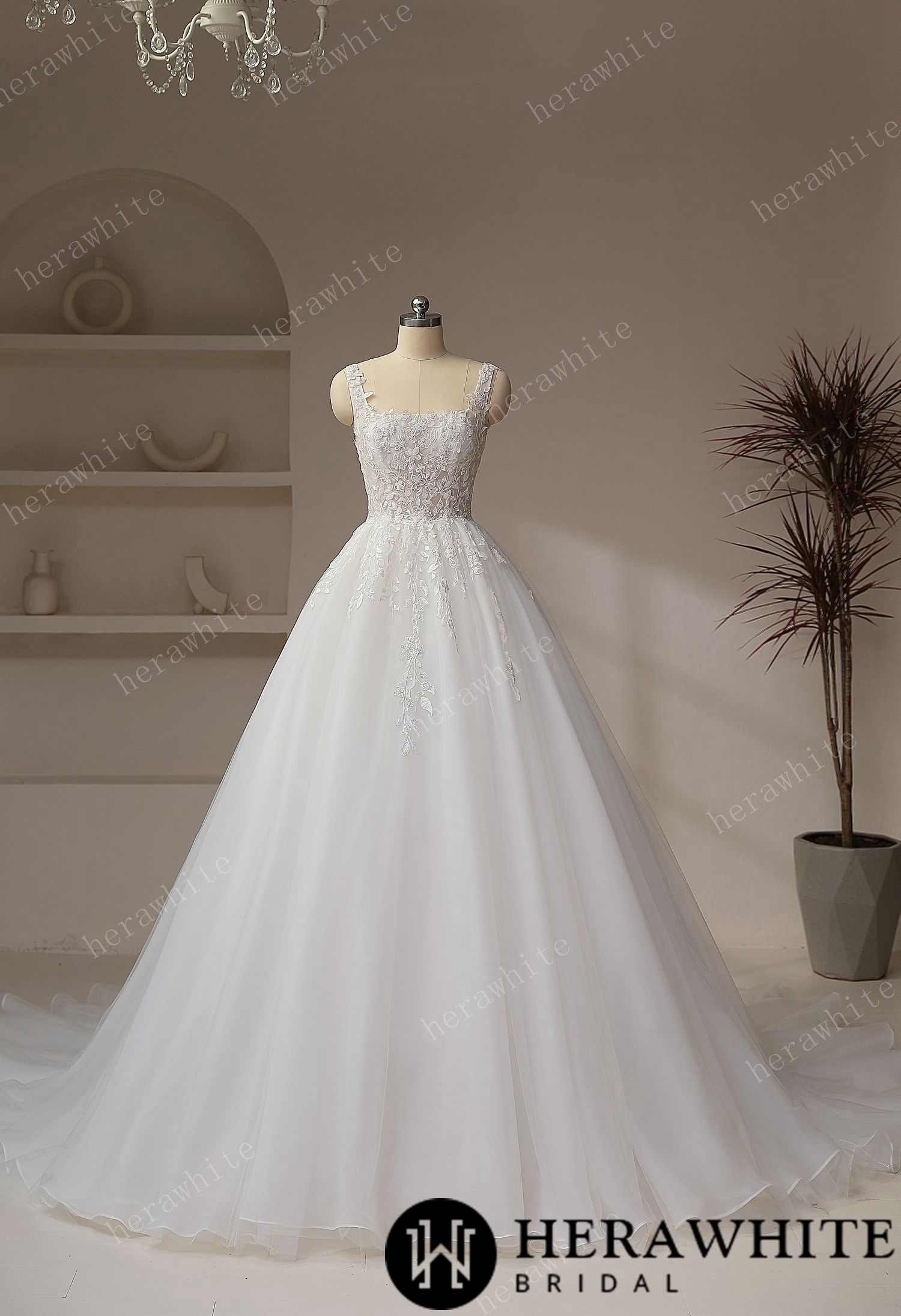 Romantic Square Collar Zipper Ball Gown Wedding Dresses