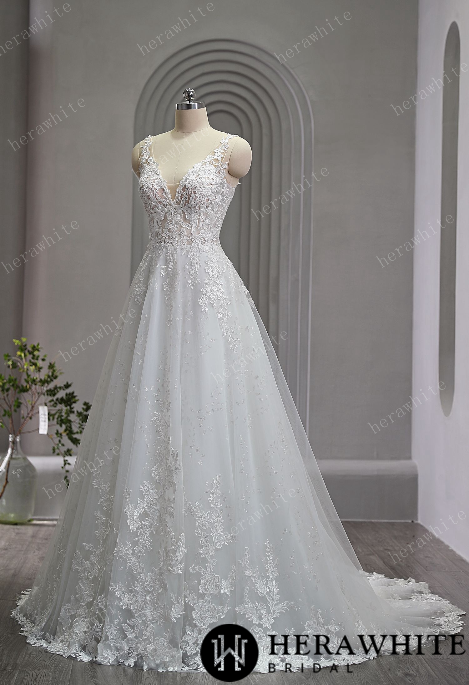 Sparkling V-Neck Lace Straps A-Line Bridal Gown