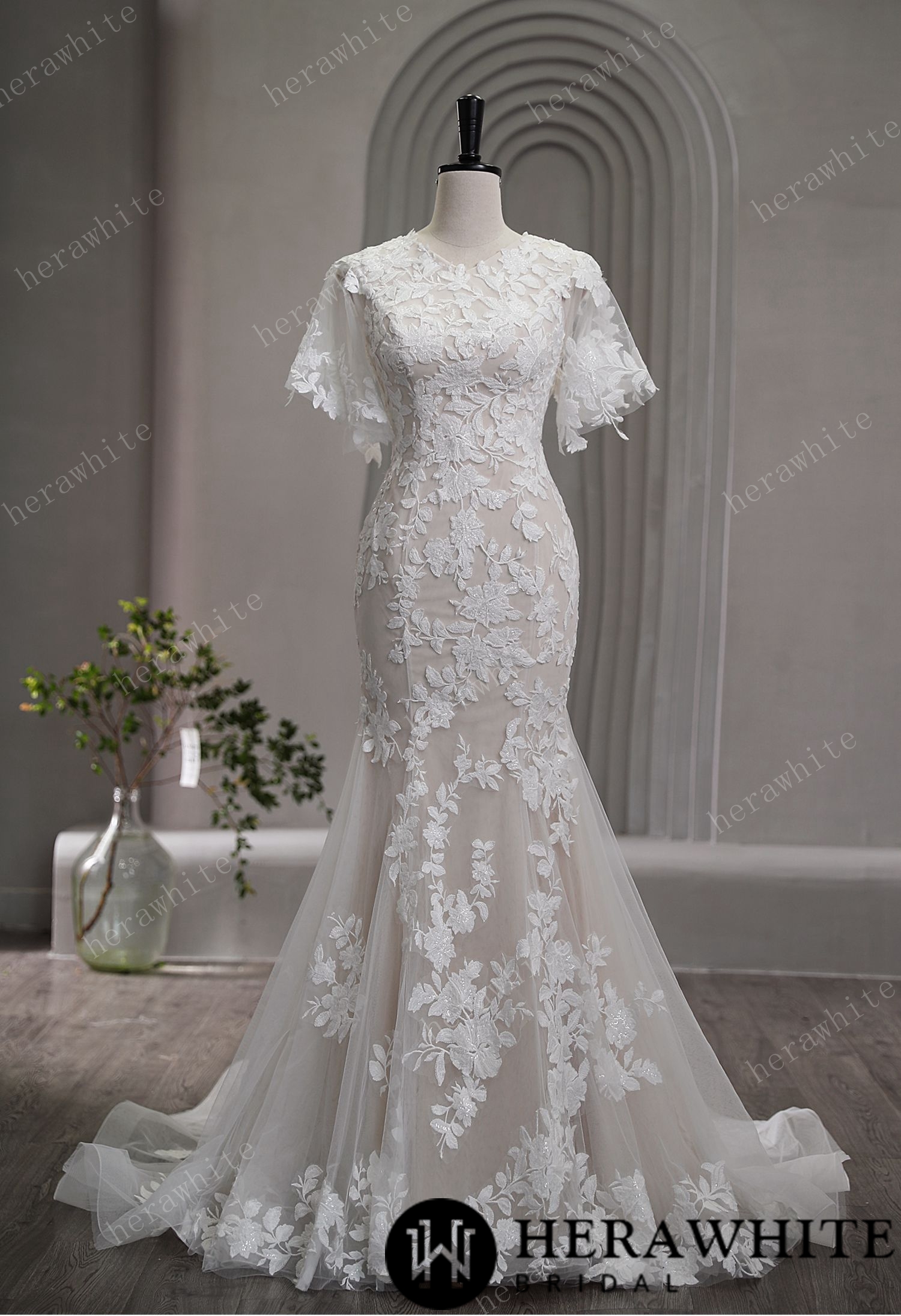 High Neck Floral Lace Bridal Gown with Flutter Sleeves