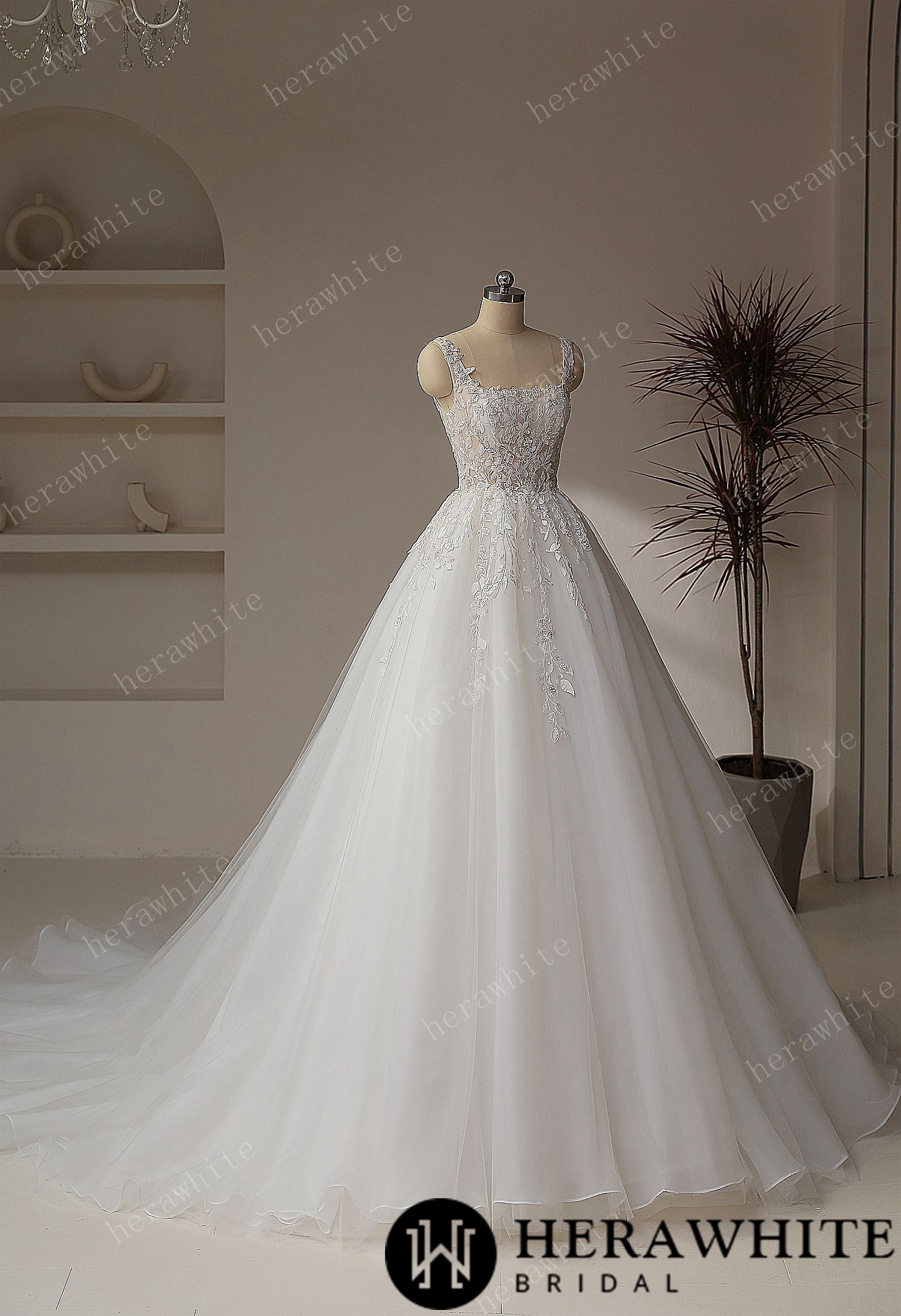 Romantic Square Collar Zipper Ball Gown Wedding Dresses