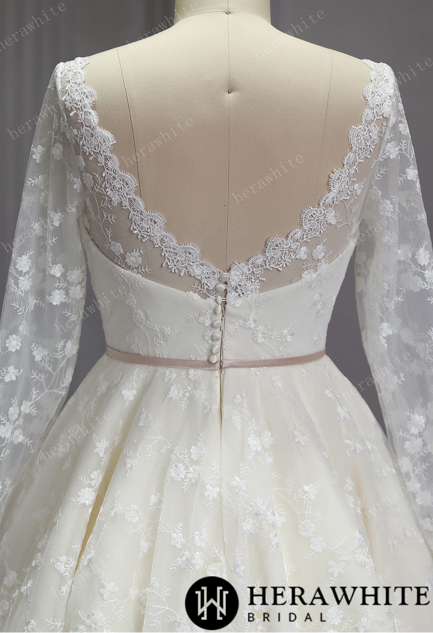 Vintage Lace Wedding Sheer Neckline With Sleeves Tea Length Garden Wedding Dress