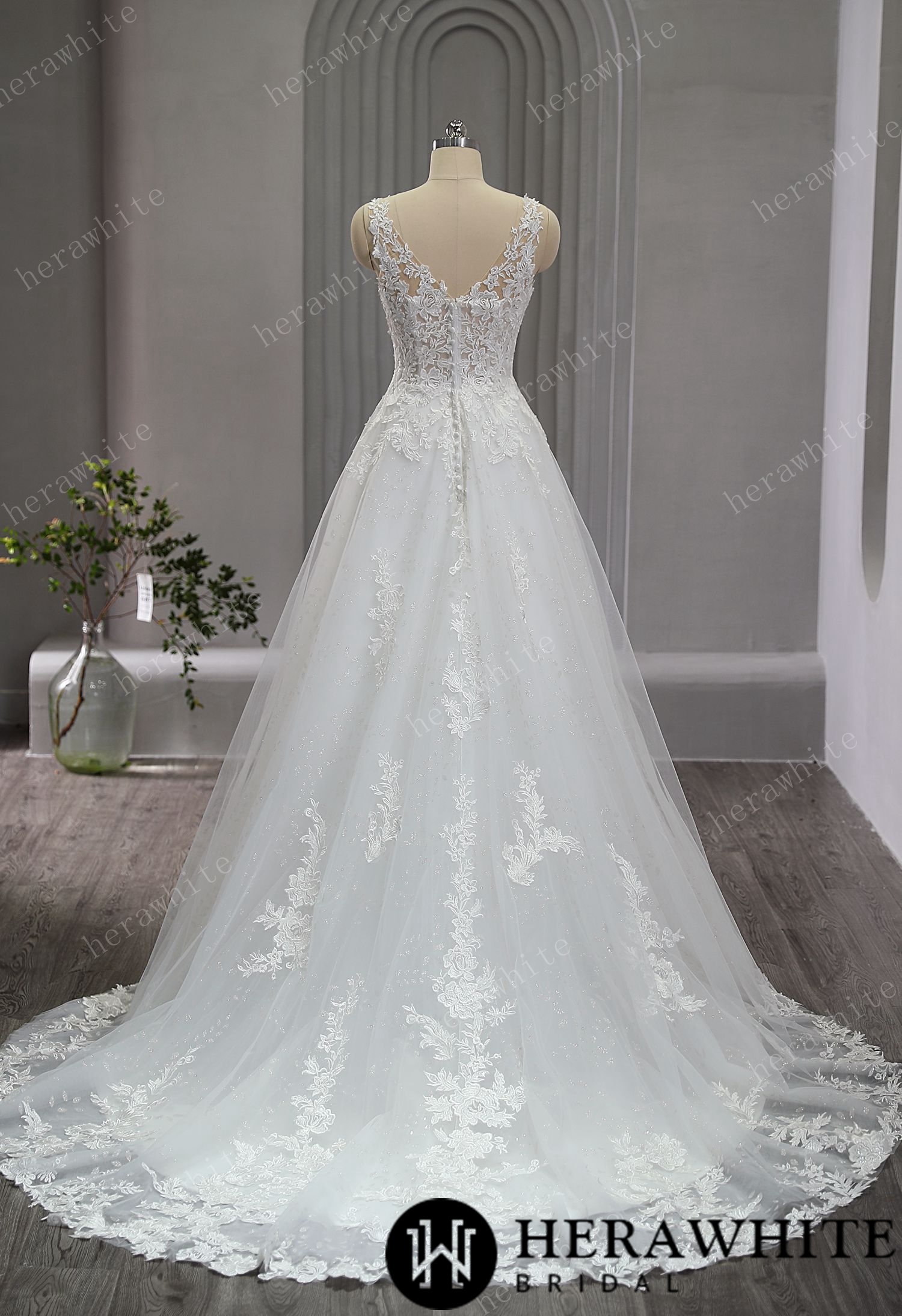 Sparkling V-Neck Lace Straps A-Line Bridal Gown