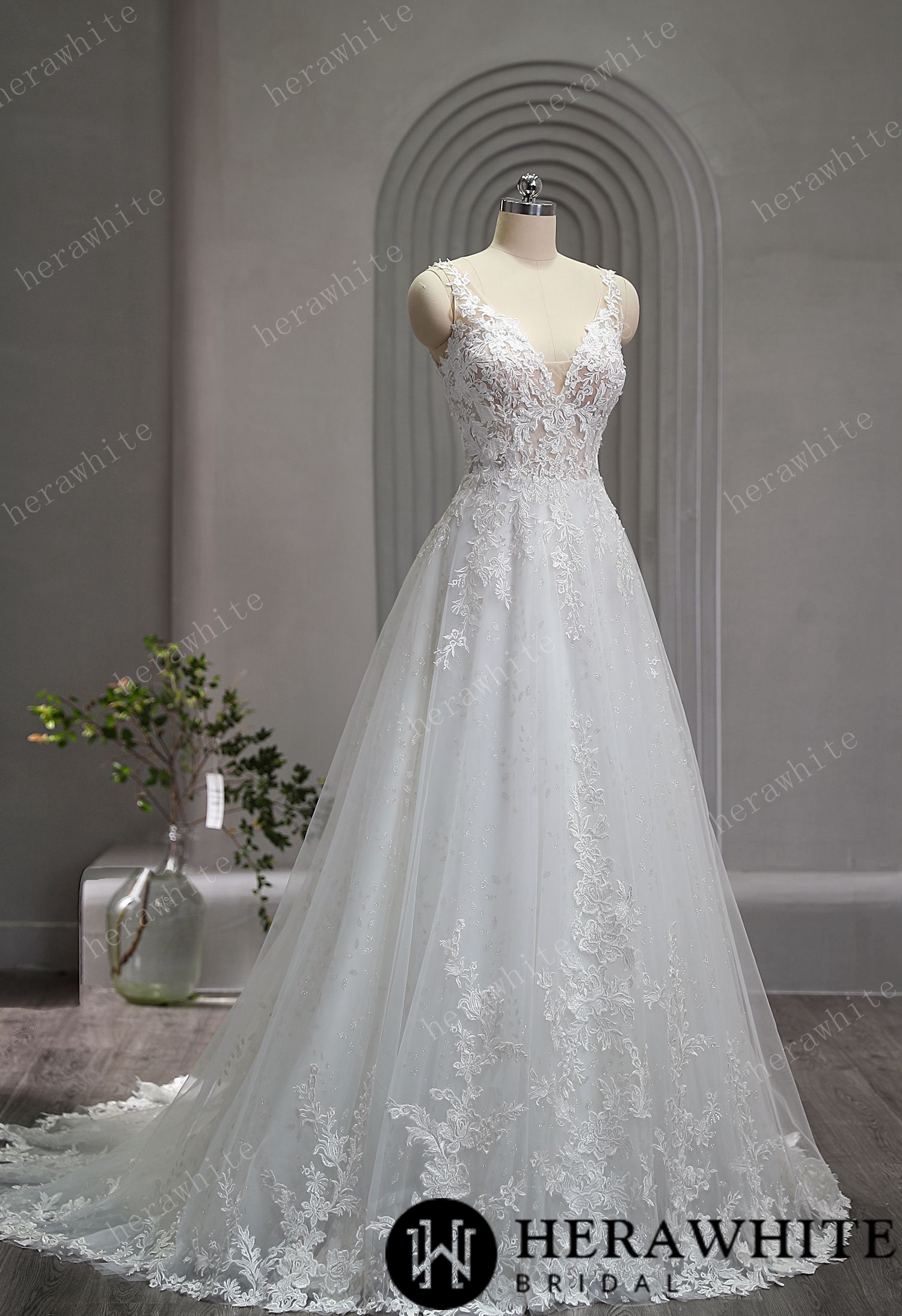Sparkling V-Neck Lace Straps A-Line Bridal Gown