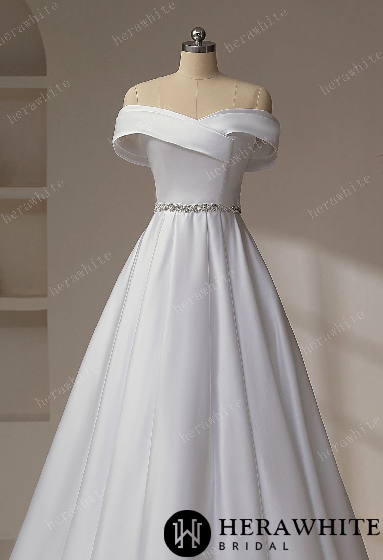 Exquisite Off-Shoulder Satin Wedding Dress with Crystal Waistband