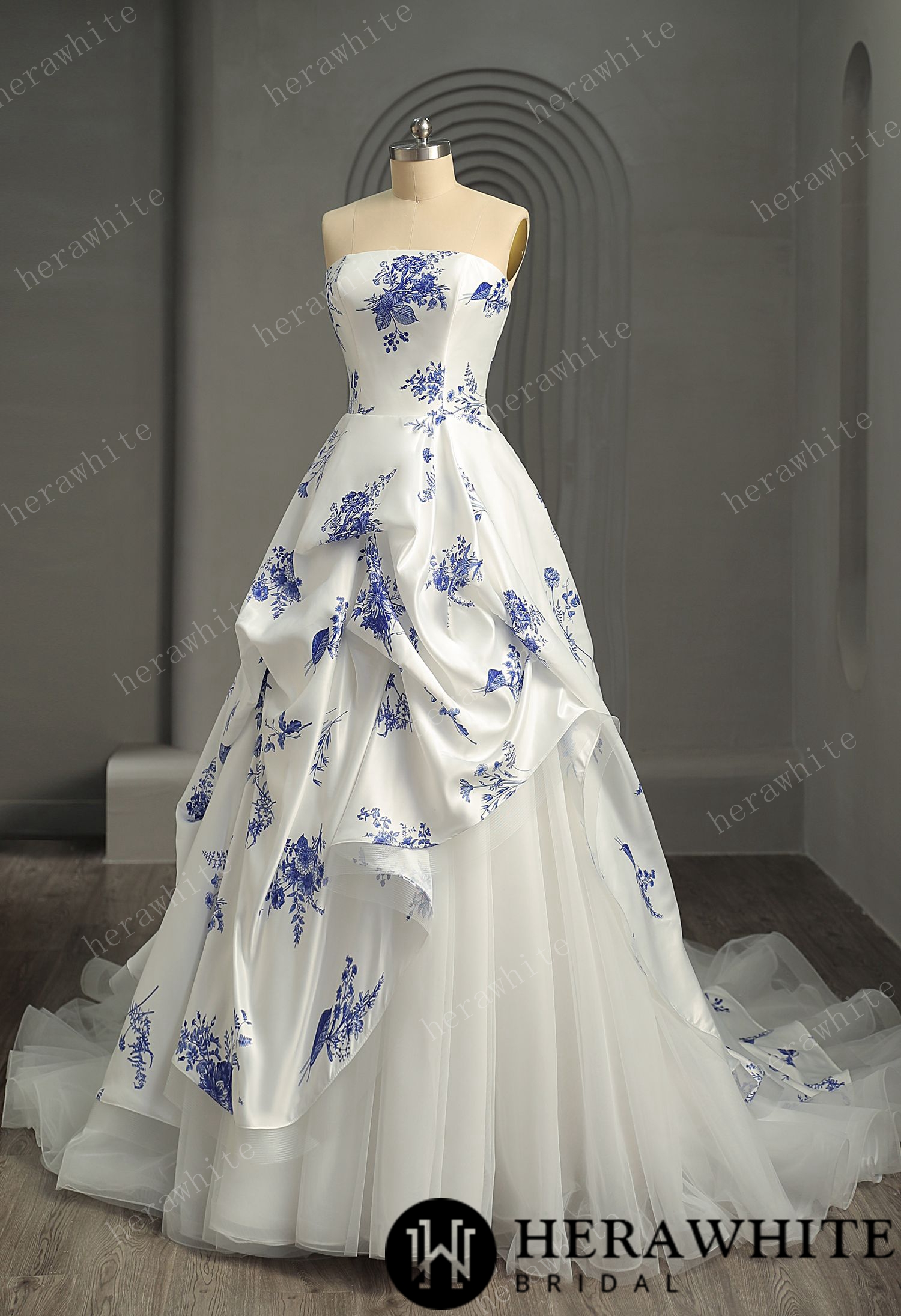 Enchanting Strapless Floral Satin Twill Wedding Dress