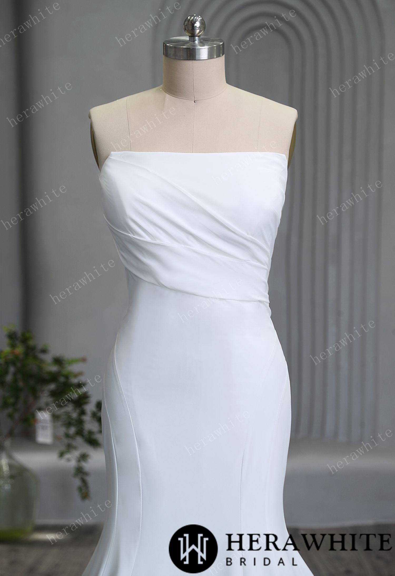 Graceful Strapless Pleated Crepe Wedding Gown