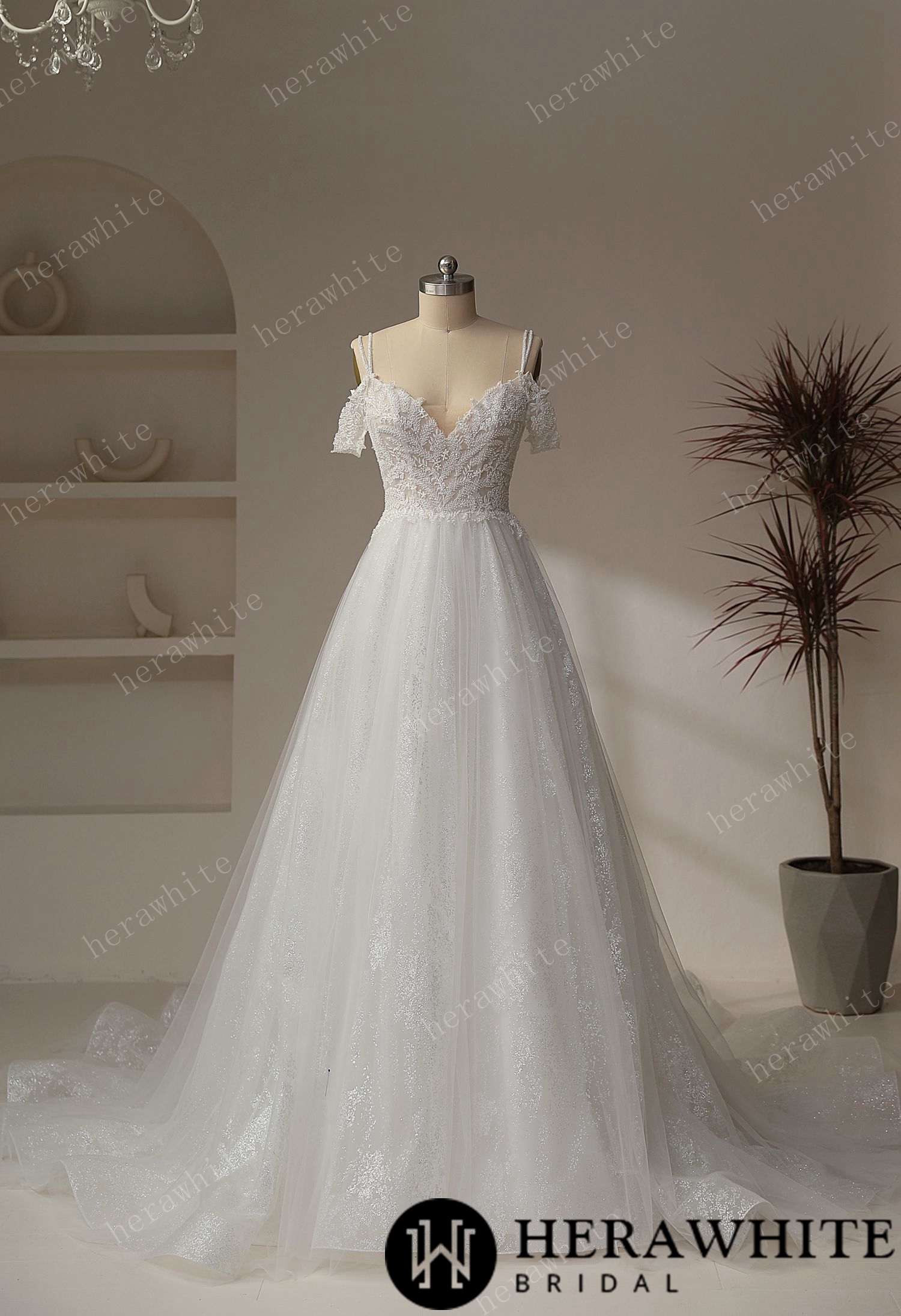 Beaded leaf lace Illusion Bodice With V-neckline Wedding Gown