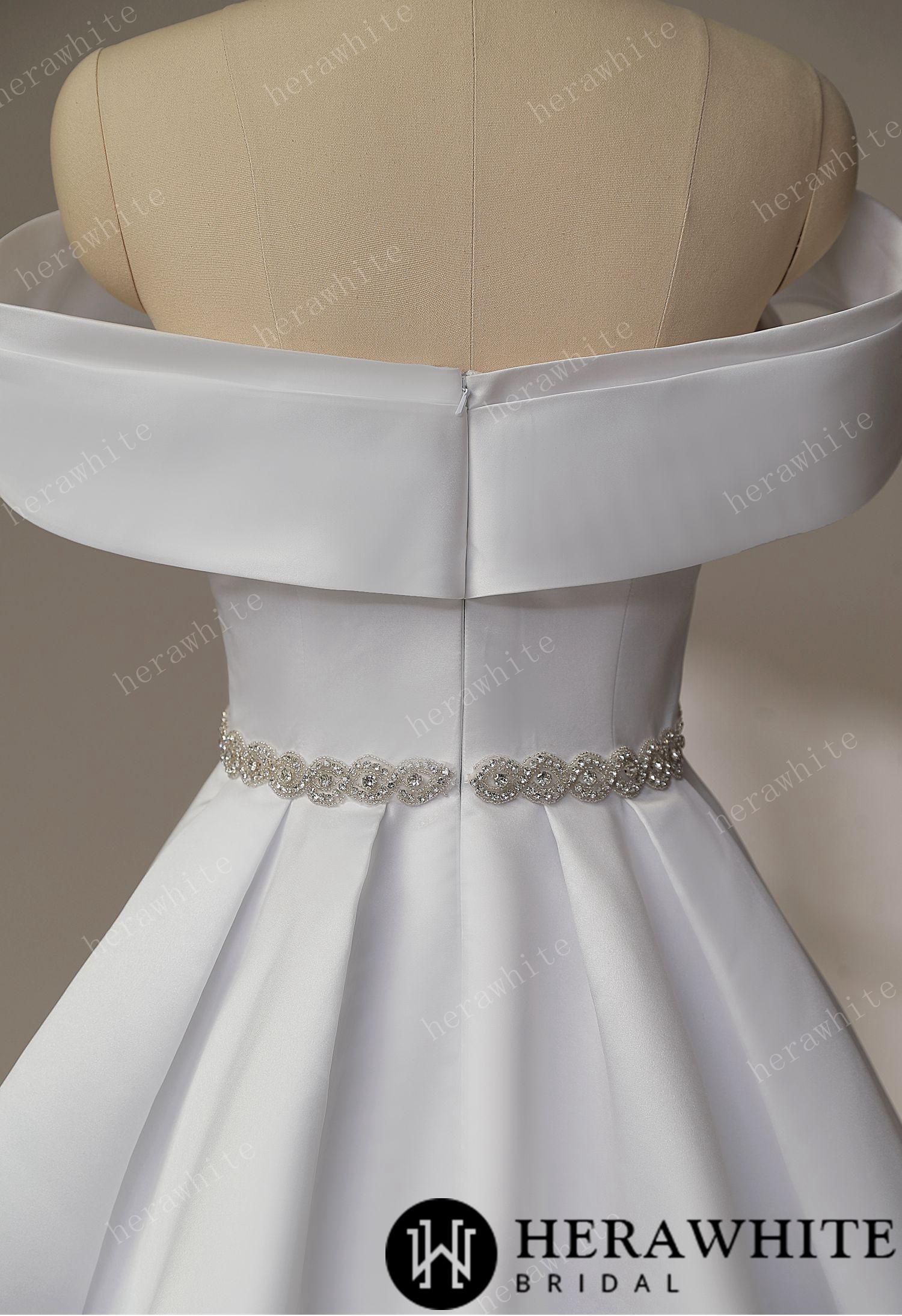 Exquisite Off-Shoulder Satin Wedding Dress with Crystal Waistband
